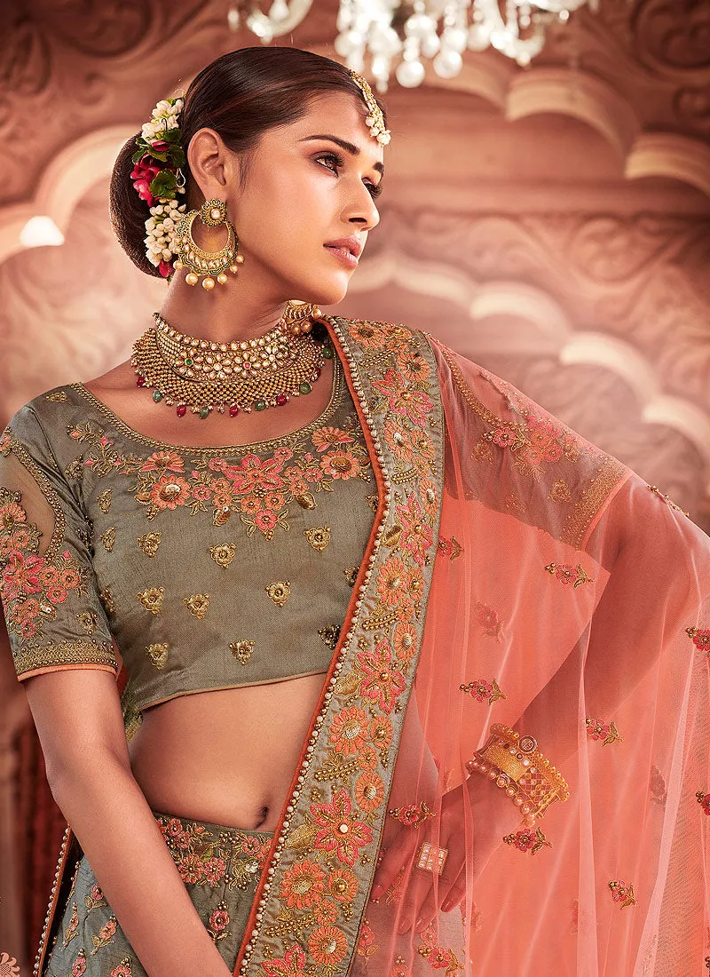 Olive Green Zari Embroidered Wedding Lehenga Choli
