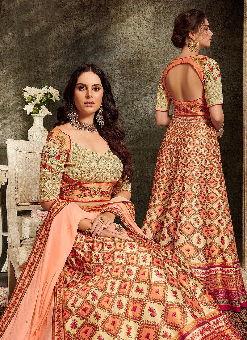 Orange And Beige Embroidered Wedding Lehenga/ Gown
