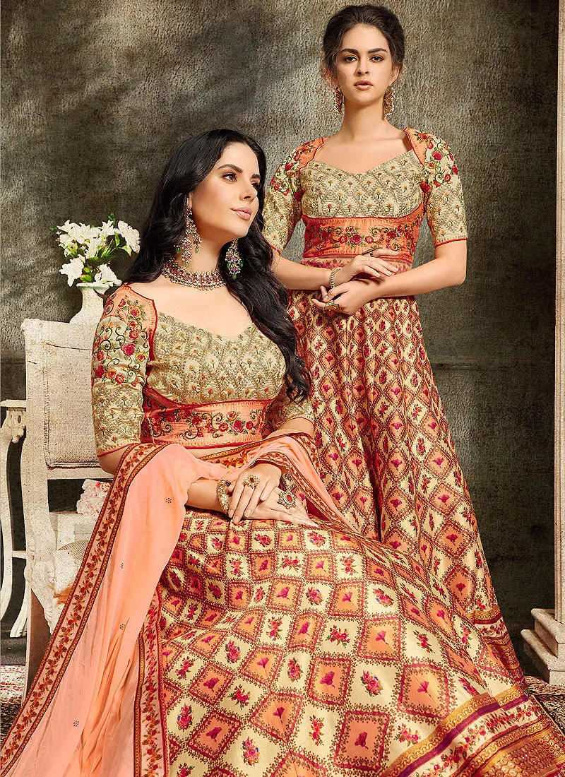 Orange And Beige Embroidered Wedding Lehenga/ Gown