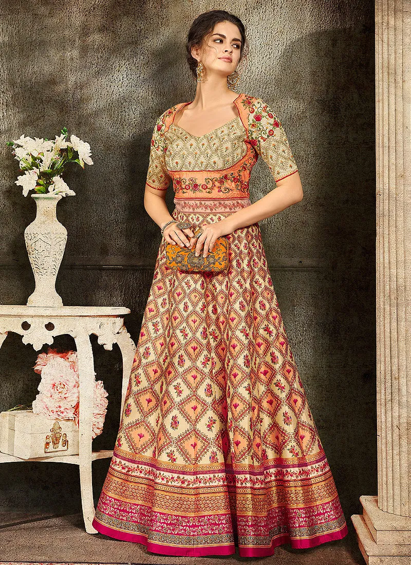 Orange And Beige Embroidered Wedding Lehenga/ Gown