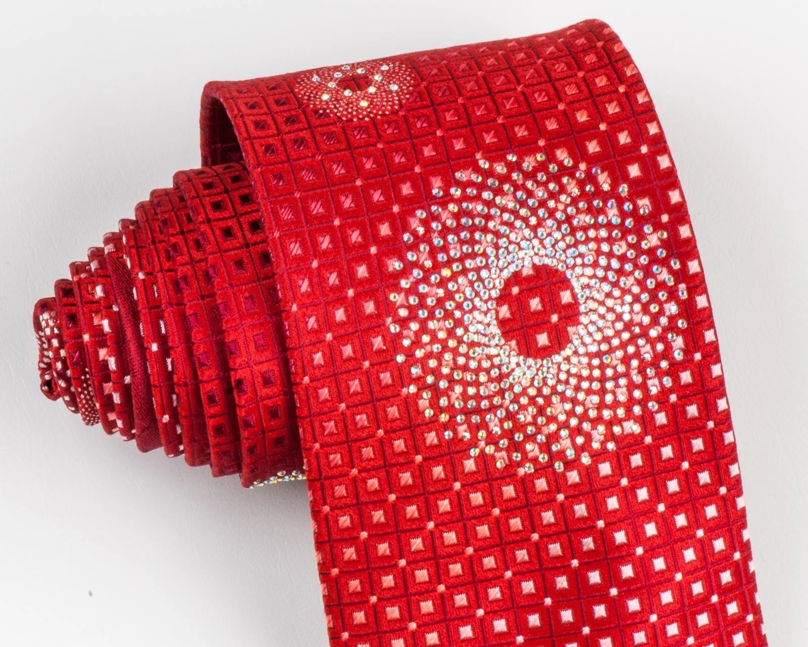 Pacco Rabanne Silk Neck Tie Red Checks With Circular Rhinestone Patterns