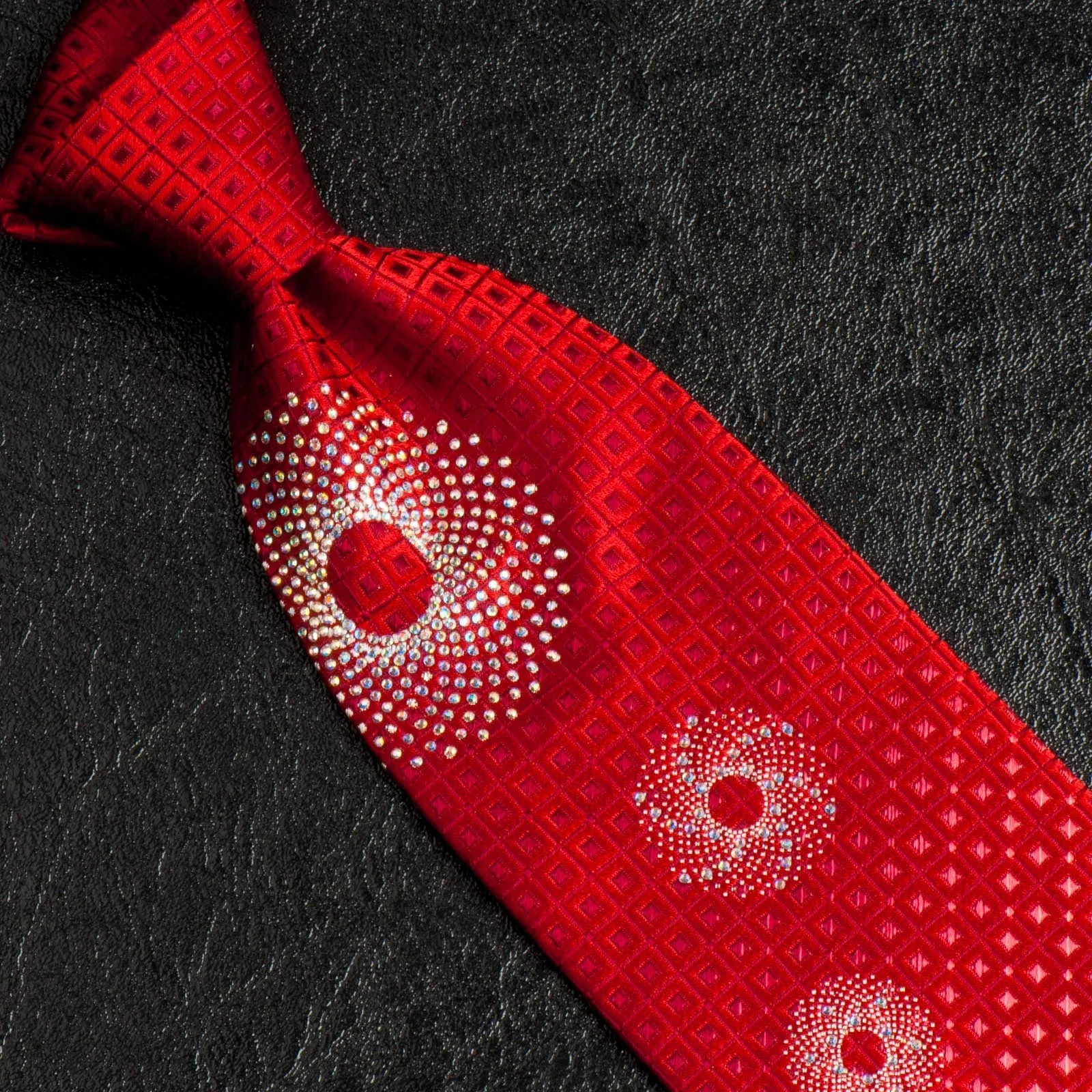Pacco Rabanne Silk Neck Tie Red Checks With Circular Rhinestone Patterns