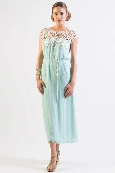 Pastel Mint Silk chiffon self striped dress w/ lace yoke- SOLD OUT