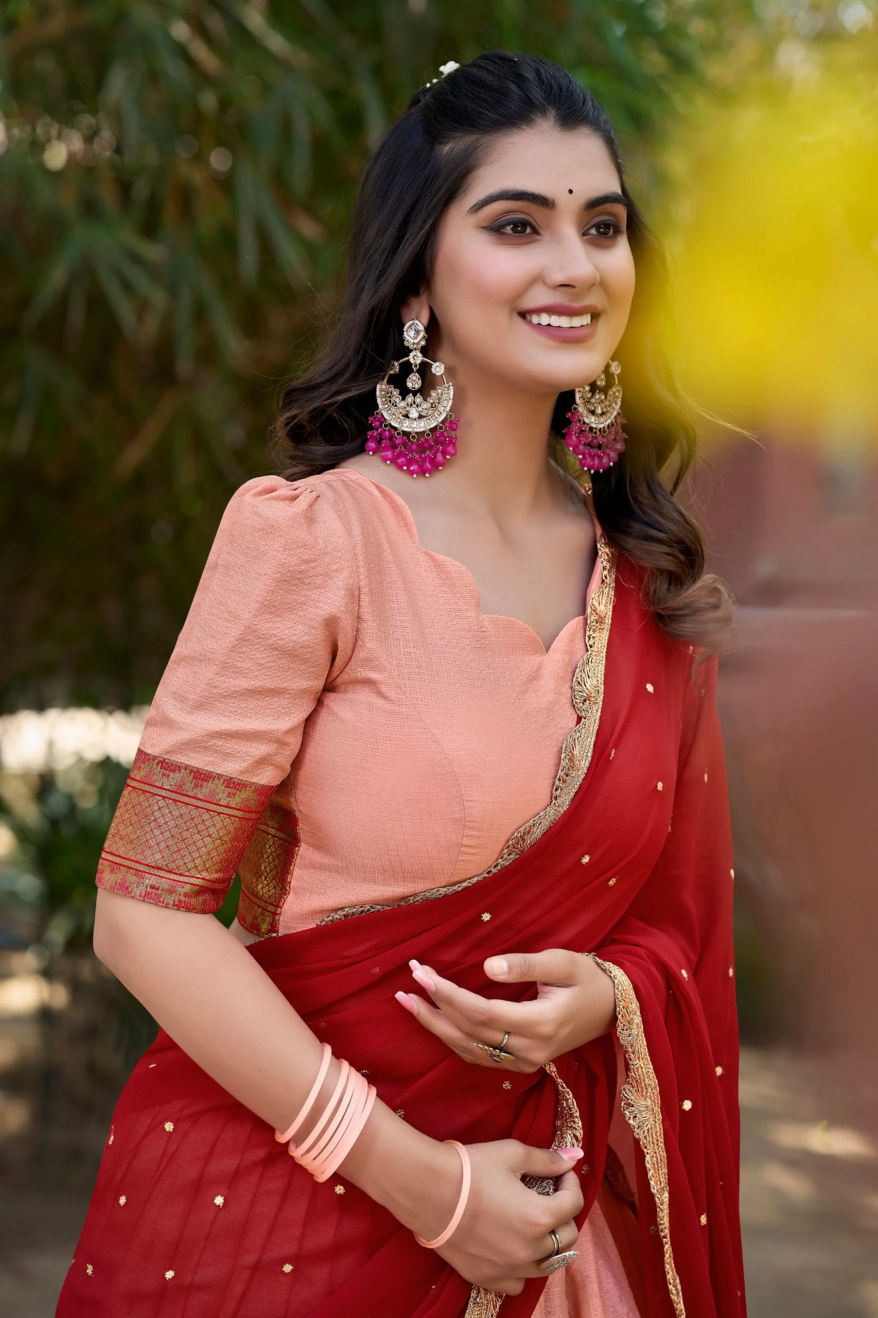 Peach Cotton Silk Lehenga Choli with Thread Embroidery & Sequined Georgette Dupatta