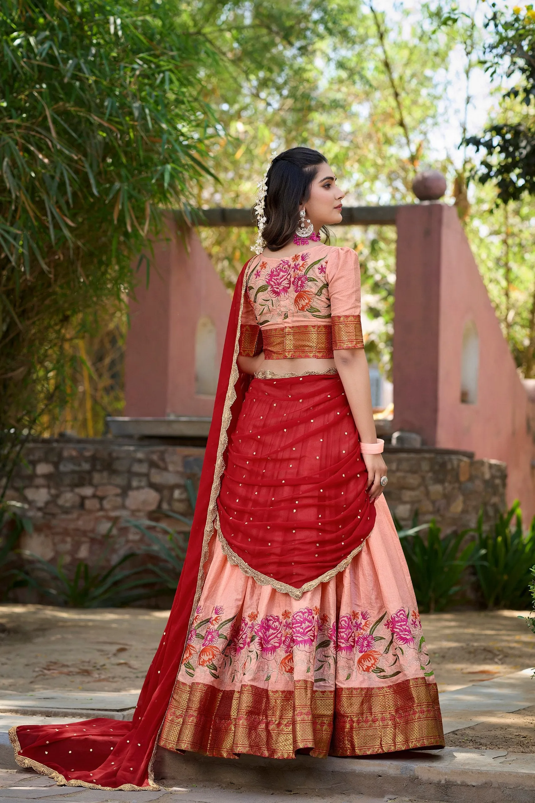 Peach Cotton Silk Lehenga Choli with Thread Embroidery & Sequined Georgette Dupatta