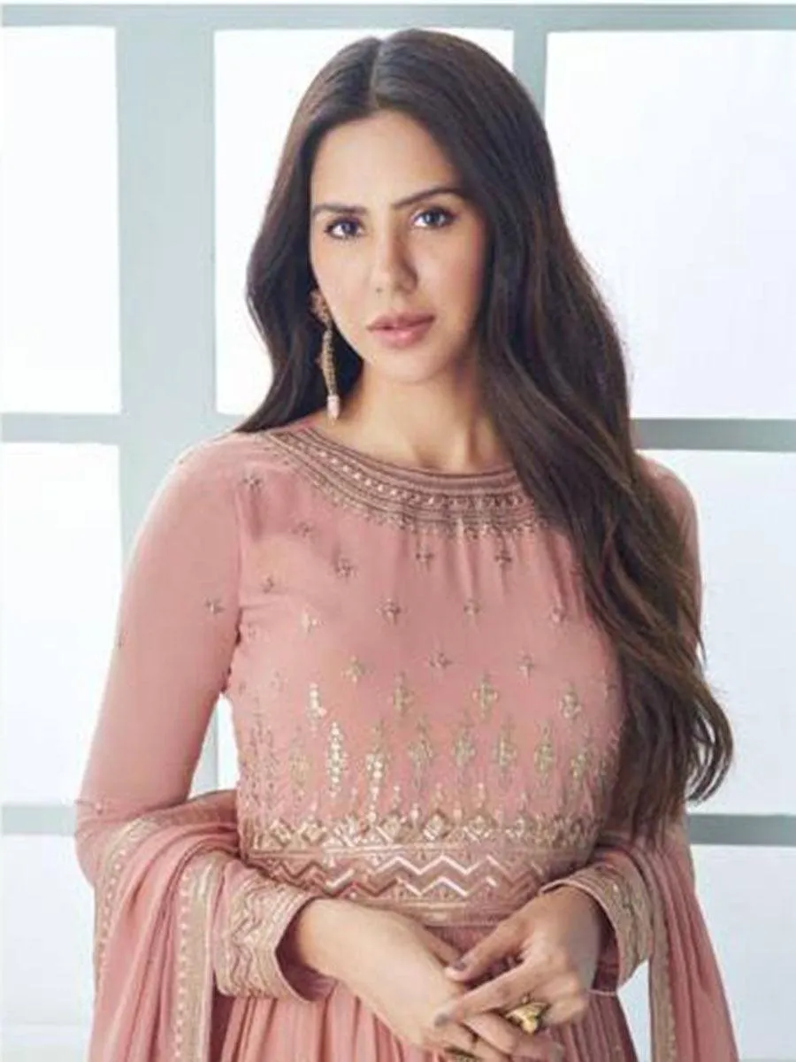 Peach Georgette Embroidery Anarkali with Dupatta Set