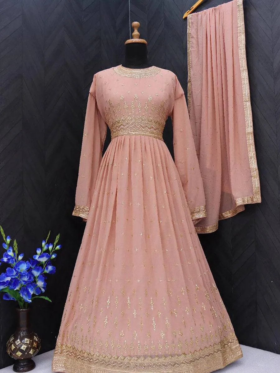 Peach Georgette Embroidery Anarkali with Dupatta Set