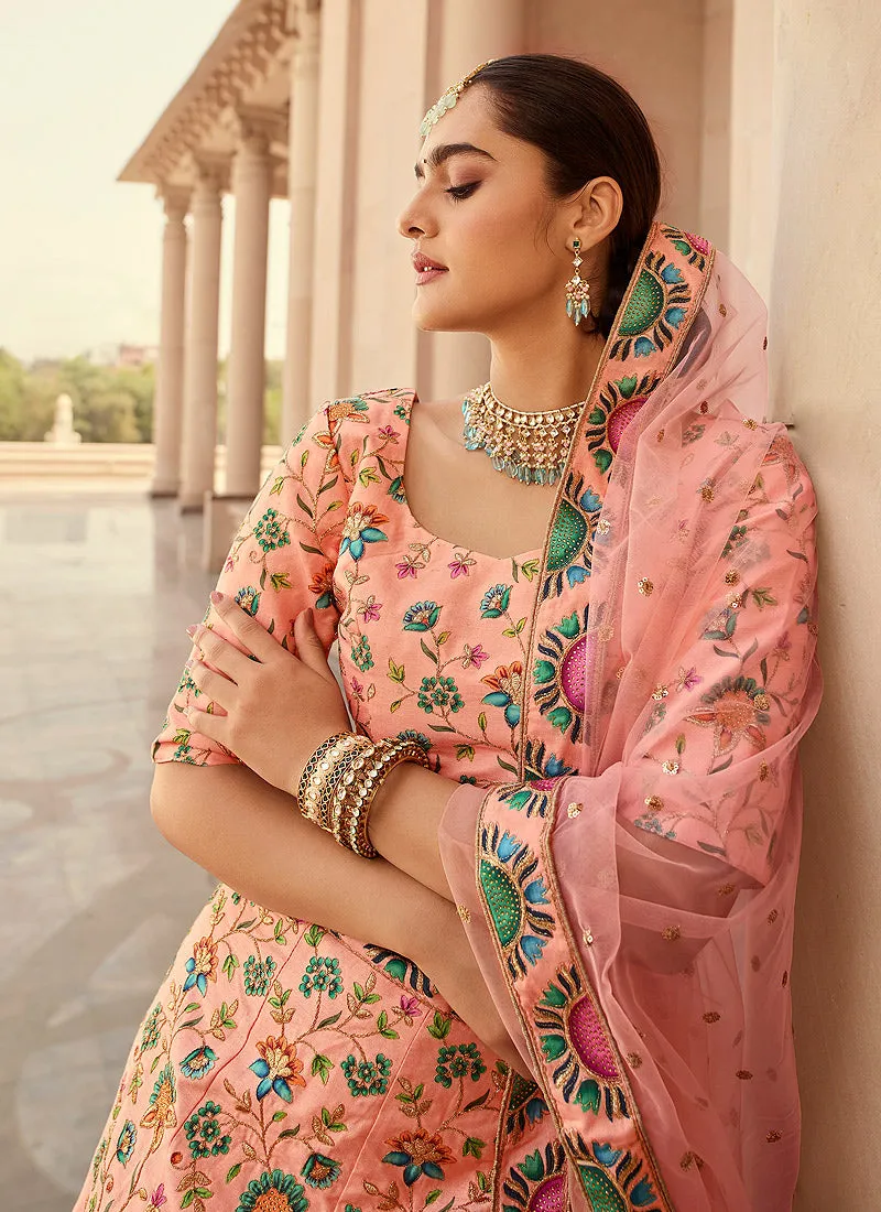 Peach Multicoloured Traditional Embroidered Lehenga Choli