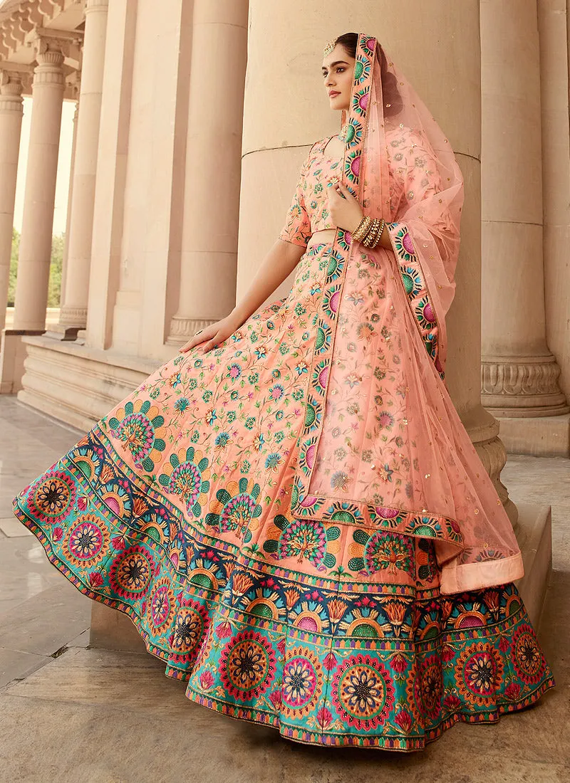 Peach Multicoloured Traditional Embroidered Lehenga Choli