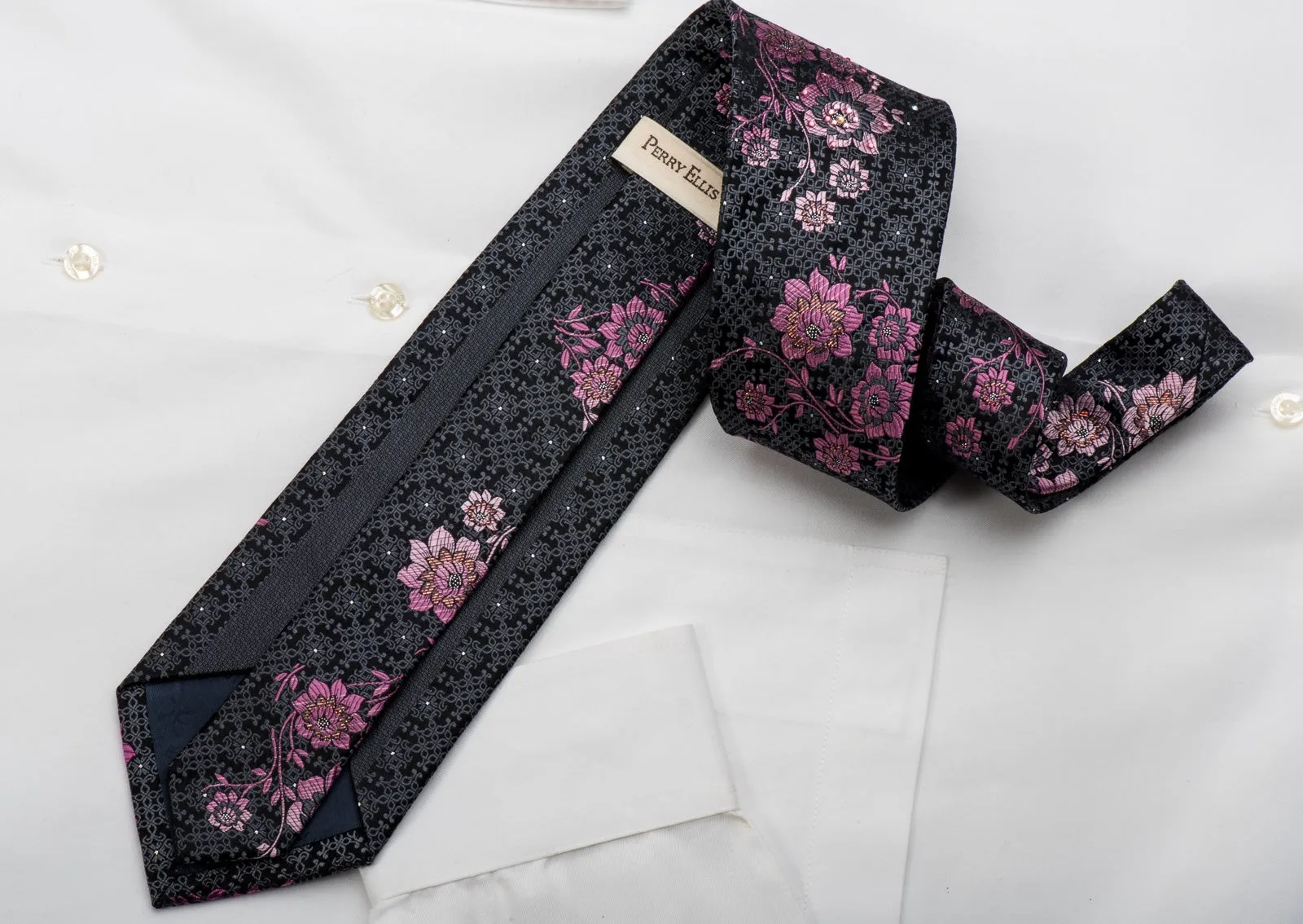Perry Ellis Rhinestone Silk Necktie Pink Floral On Black With Sparkles