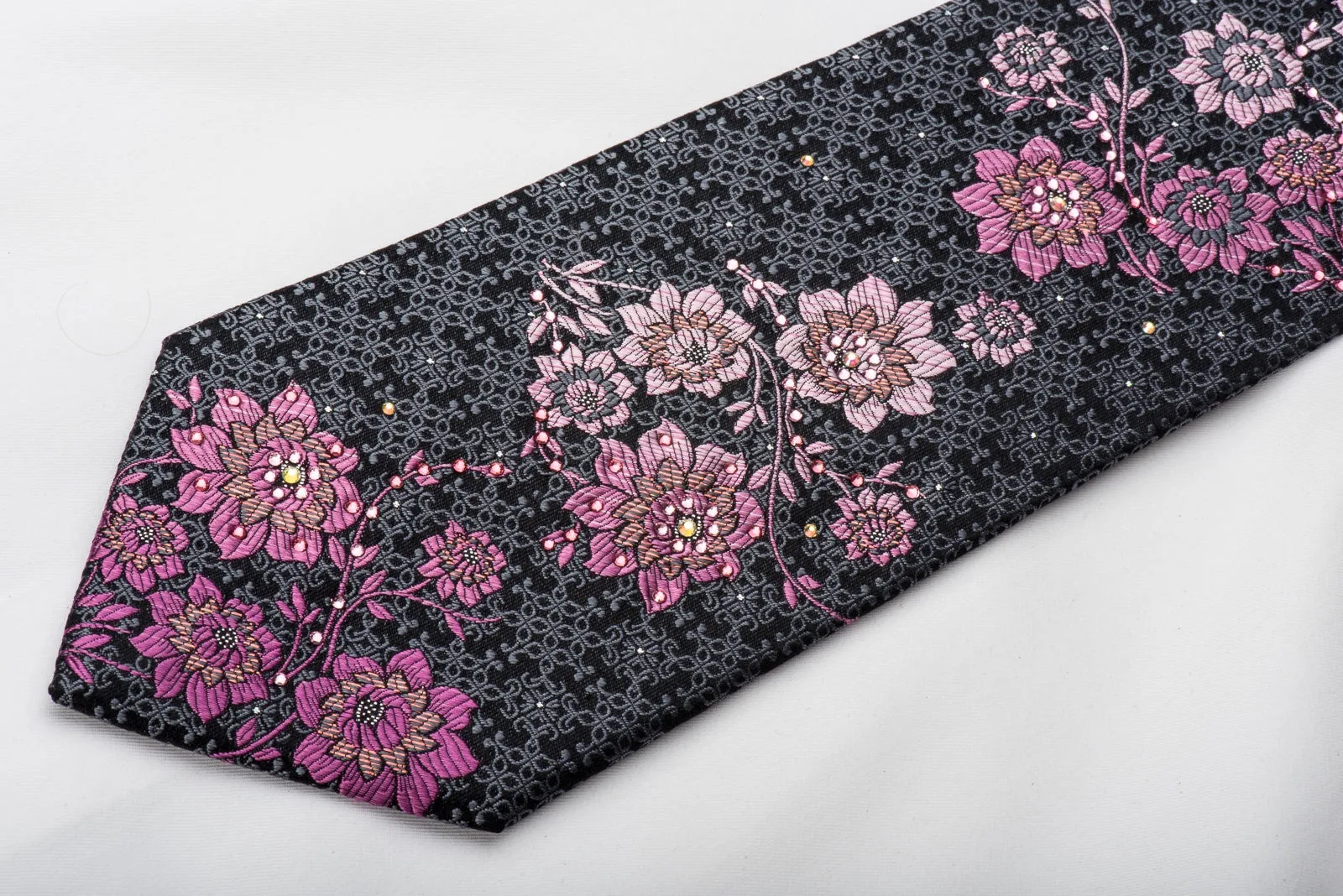 Perry Ellis Rhinestone Silk Necktie Pink Floral On Black With Sparkles