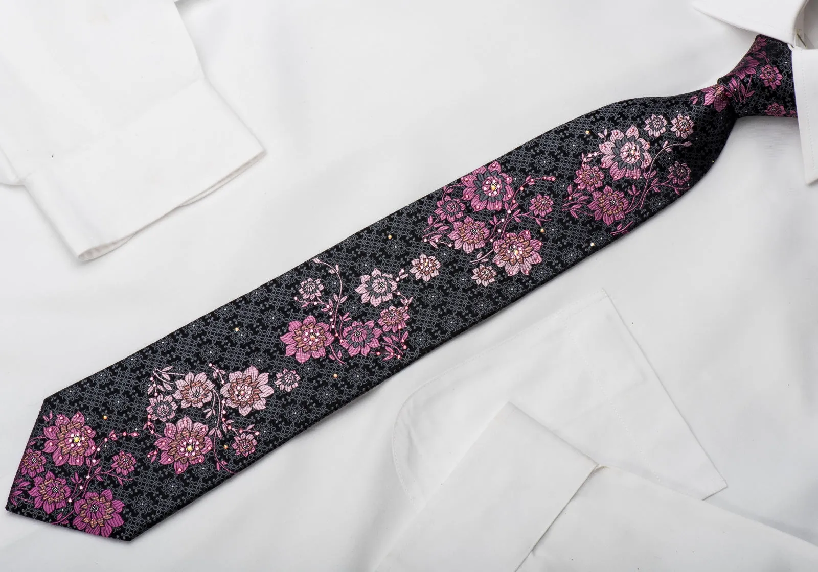 Perry Ellis Rhinestone Silk Necktie Pink Floral On Black With Sparkles