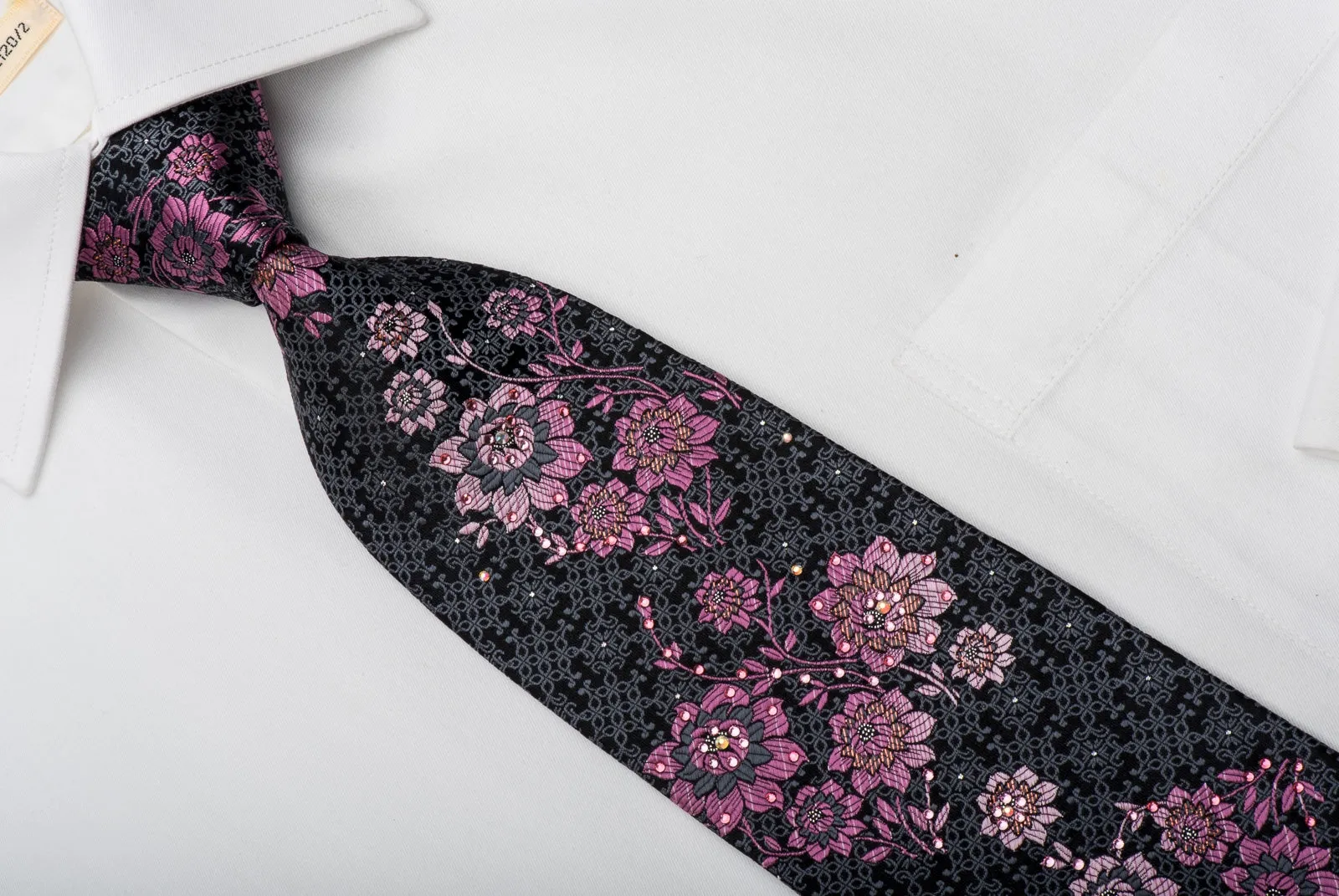 Perry Ellis Rhinestone Silk Necktie Pink Floral On Black With Sparkles