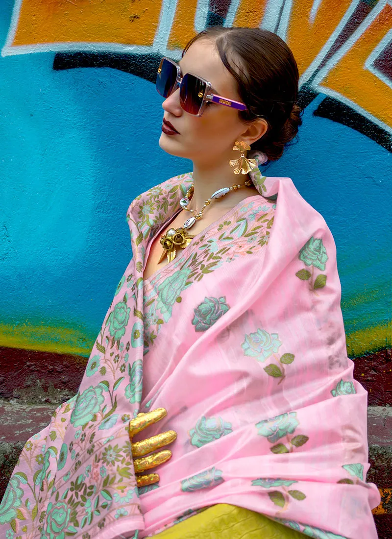 Pink Bloom Handloom Woven Floral Printed Silk Saree