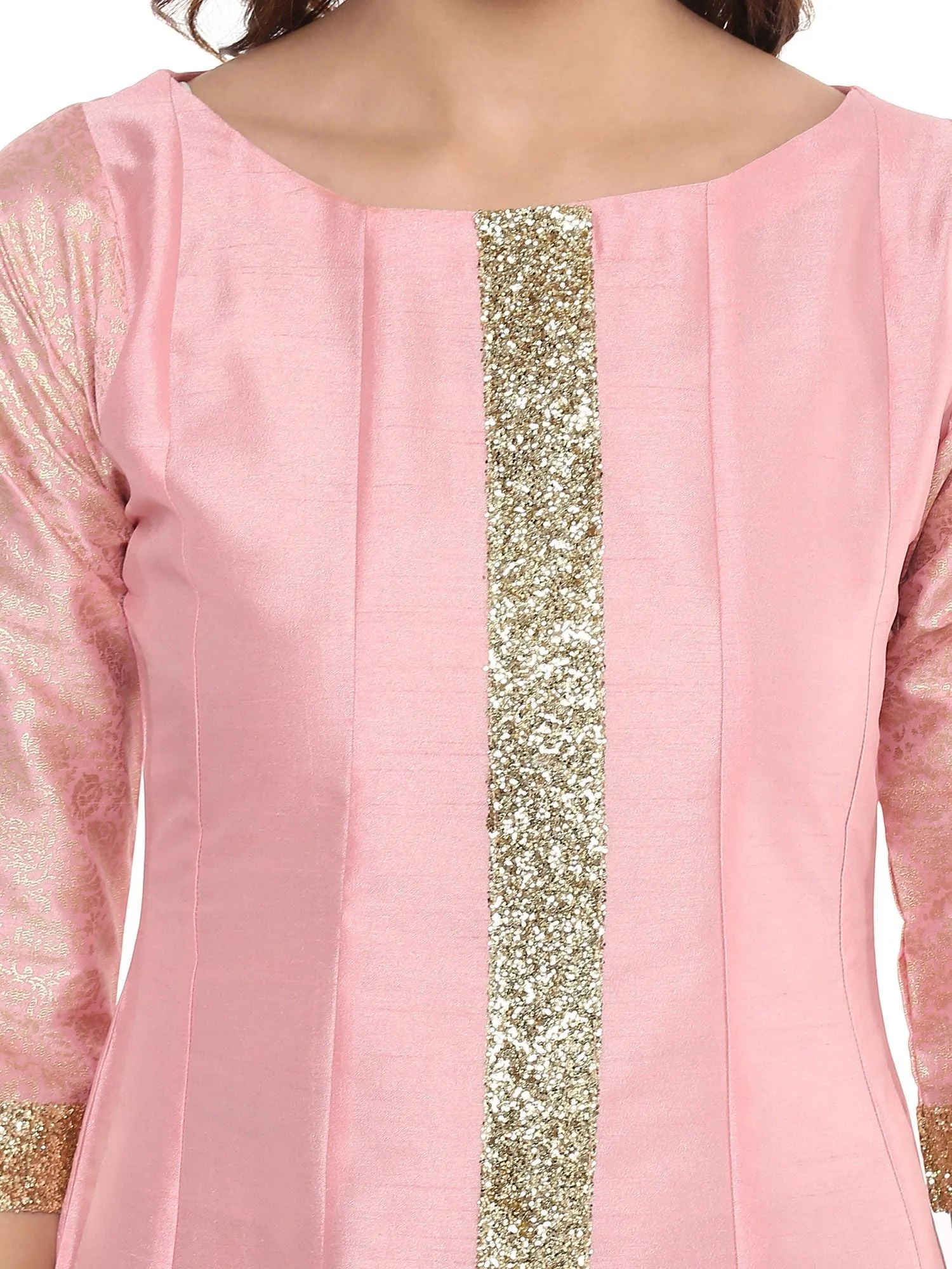 Pink Poly Silk Gold Foil Print Kurta