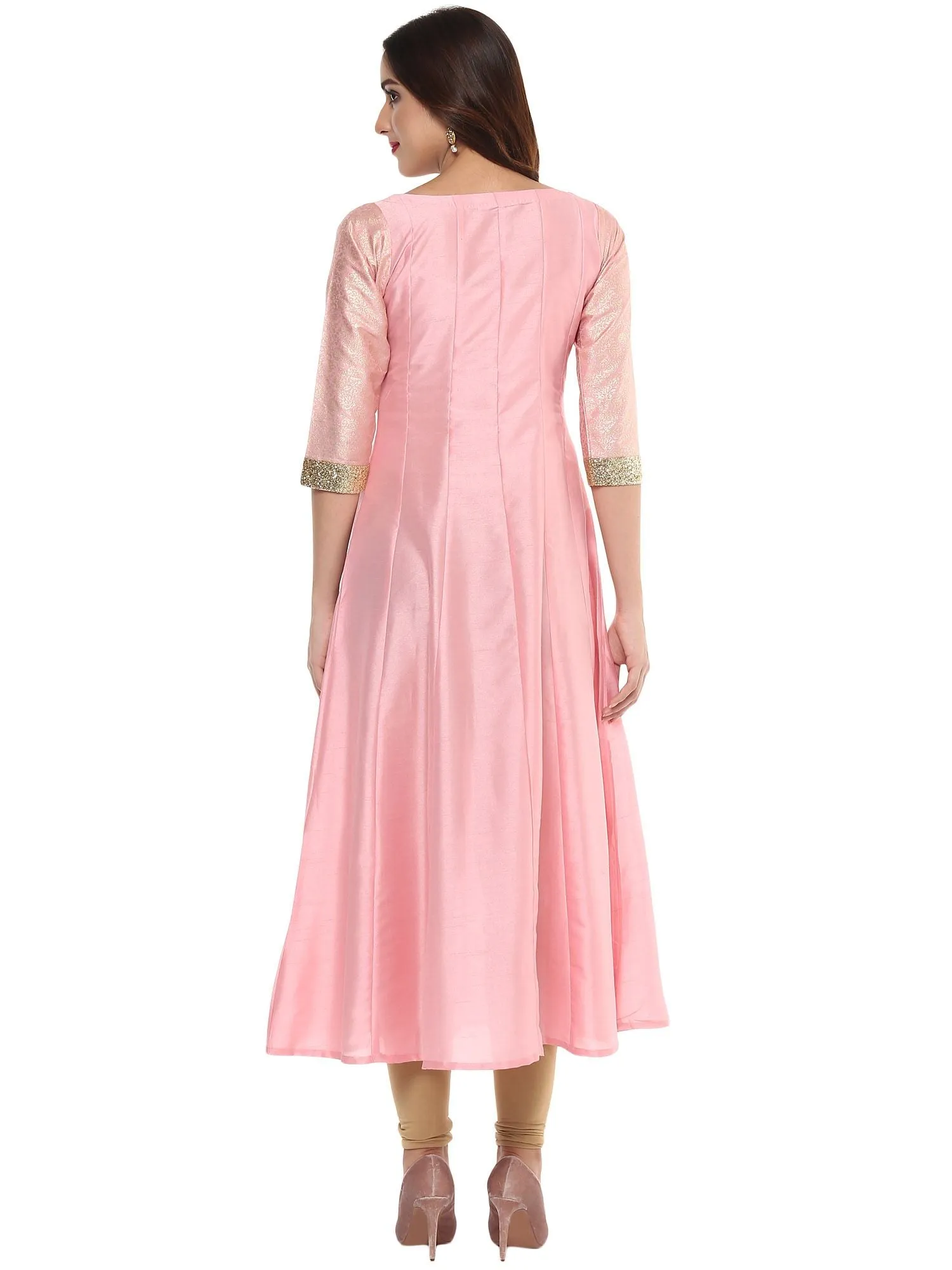 Pink Poly Silk Gold Foil Print Kurta