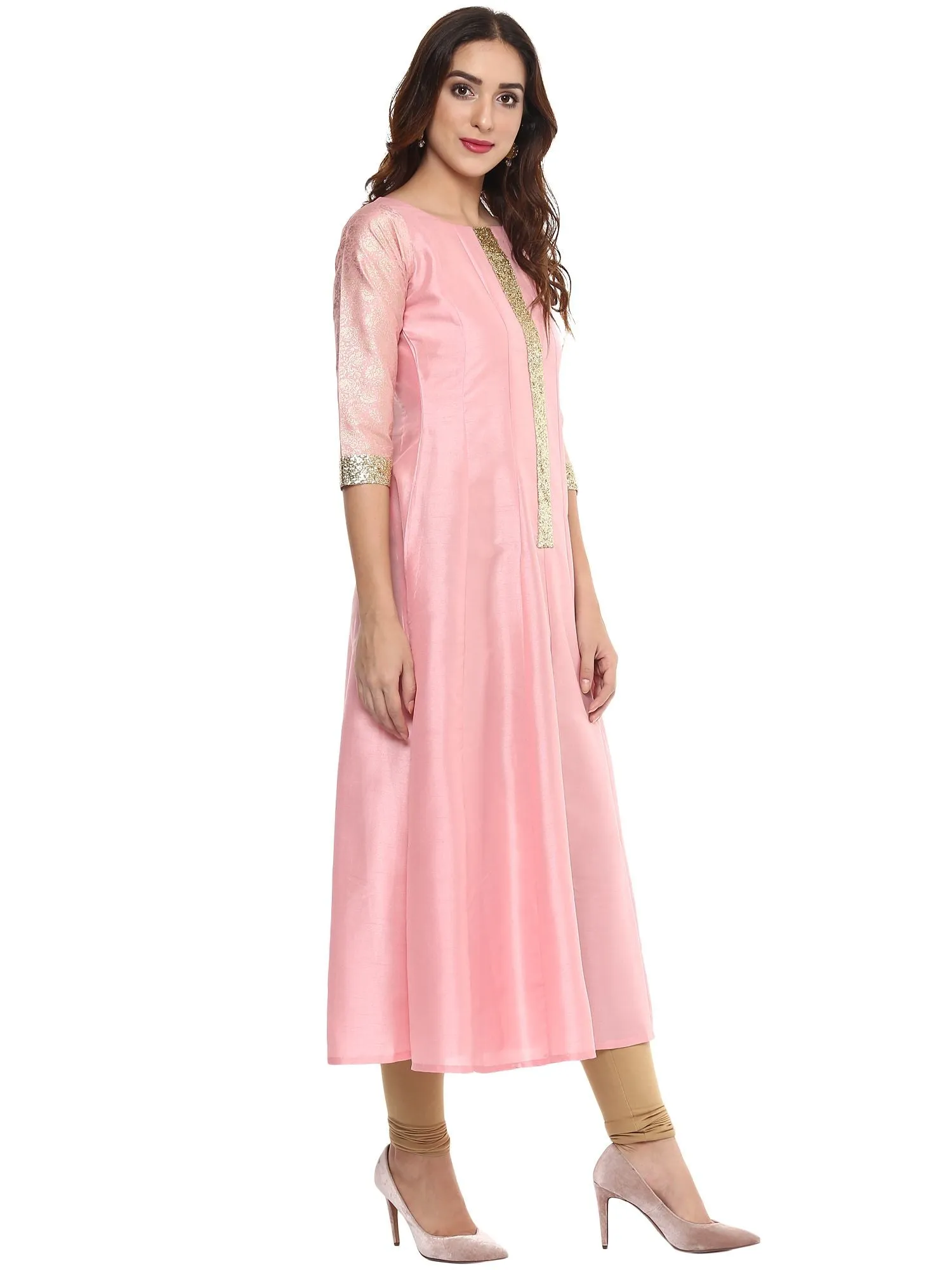 Pink Poly Silk Gold Foil Print Kurta