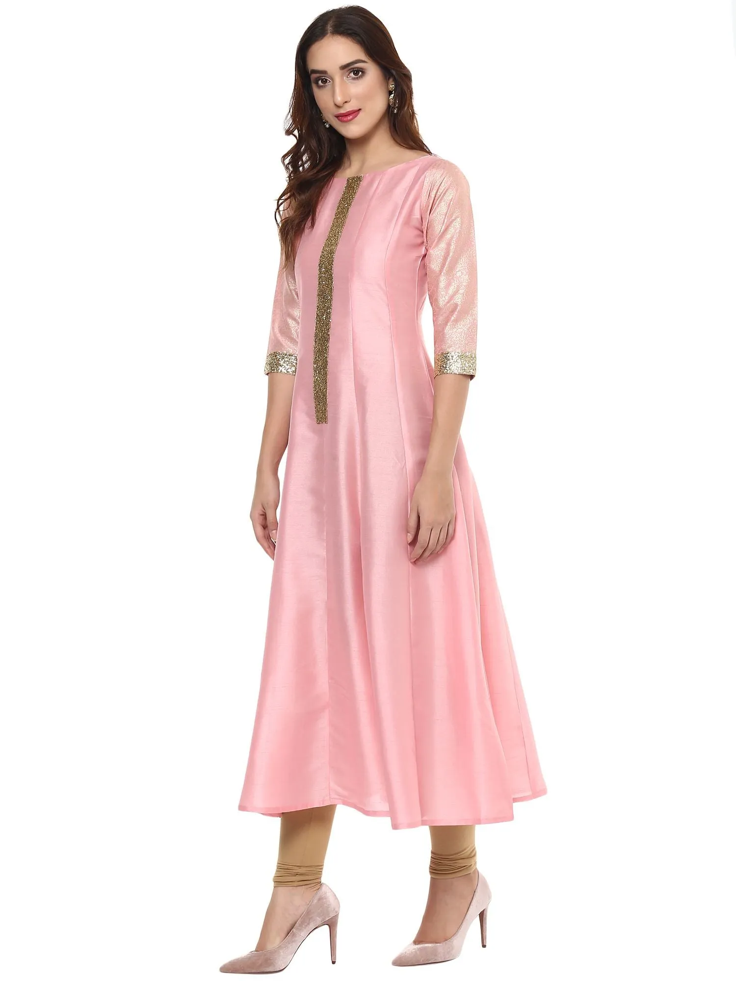 Pink Poly Silk Gold Foil Print Kurta