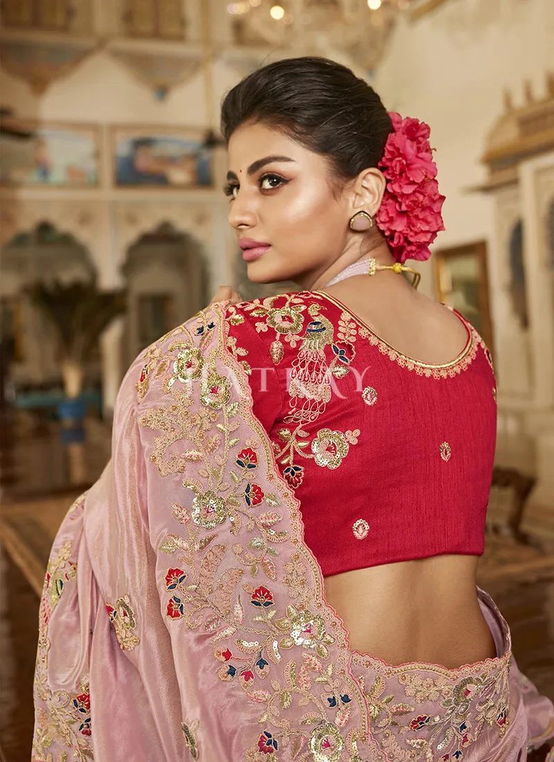 Pink Red Multi Embroidered Traditional Saree