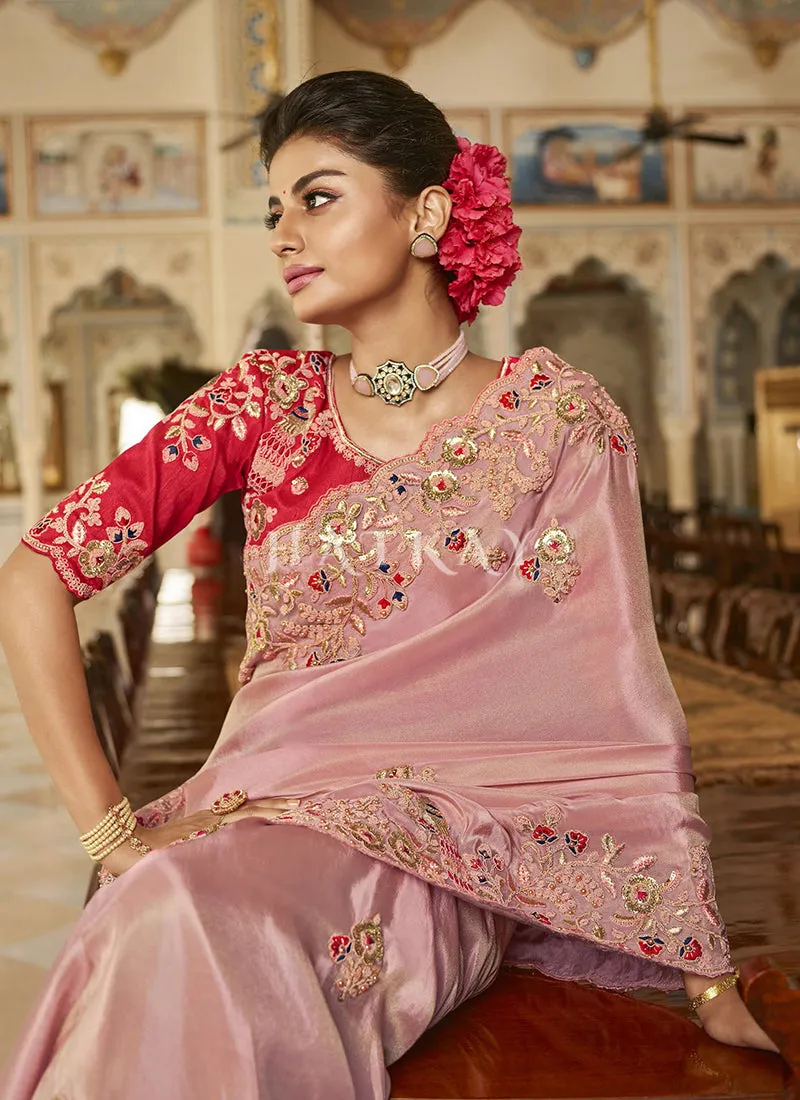 Pink Red Multi Embroidered Traditional Saree