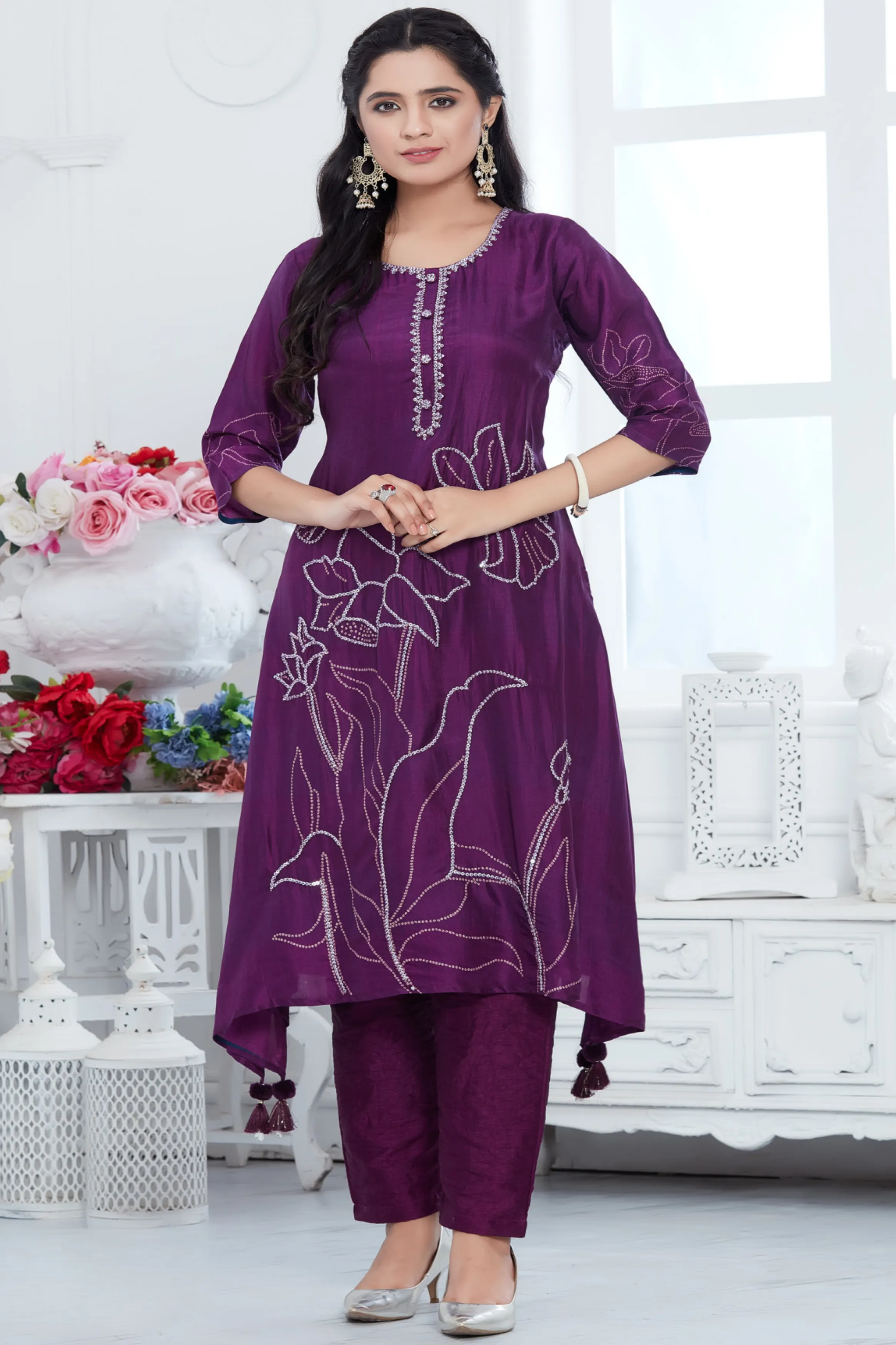 Purple Embellished Muslin Silk Kurta