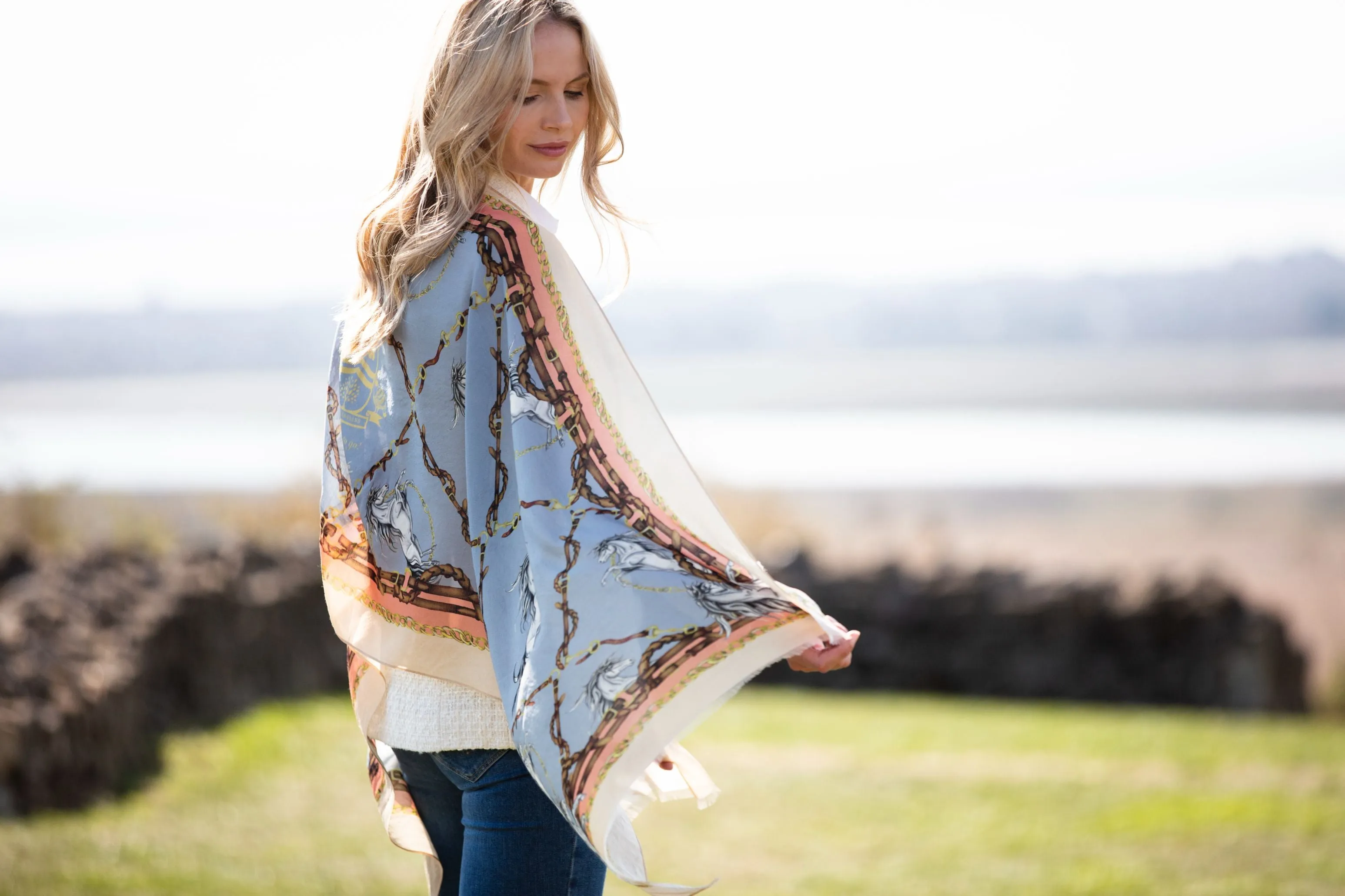Rearing To Go Powder Blue and Rose Wool Silk Wrap