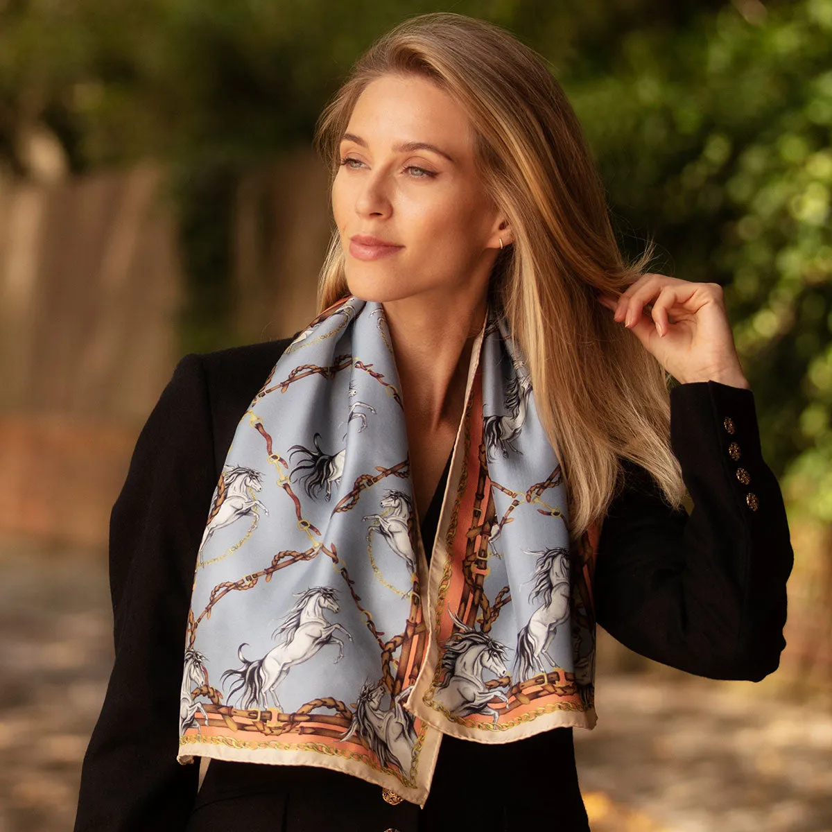 Rearing To Go Powder Blue Narrow Silk Scarf