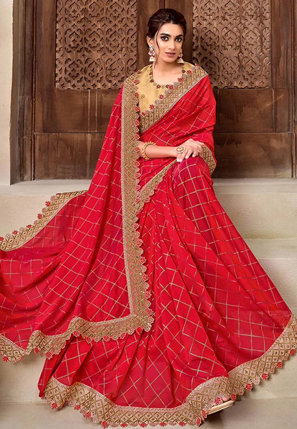 Red And Golden Traditional Embroidered Silk Saree
