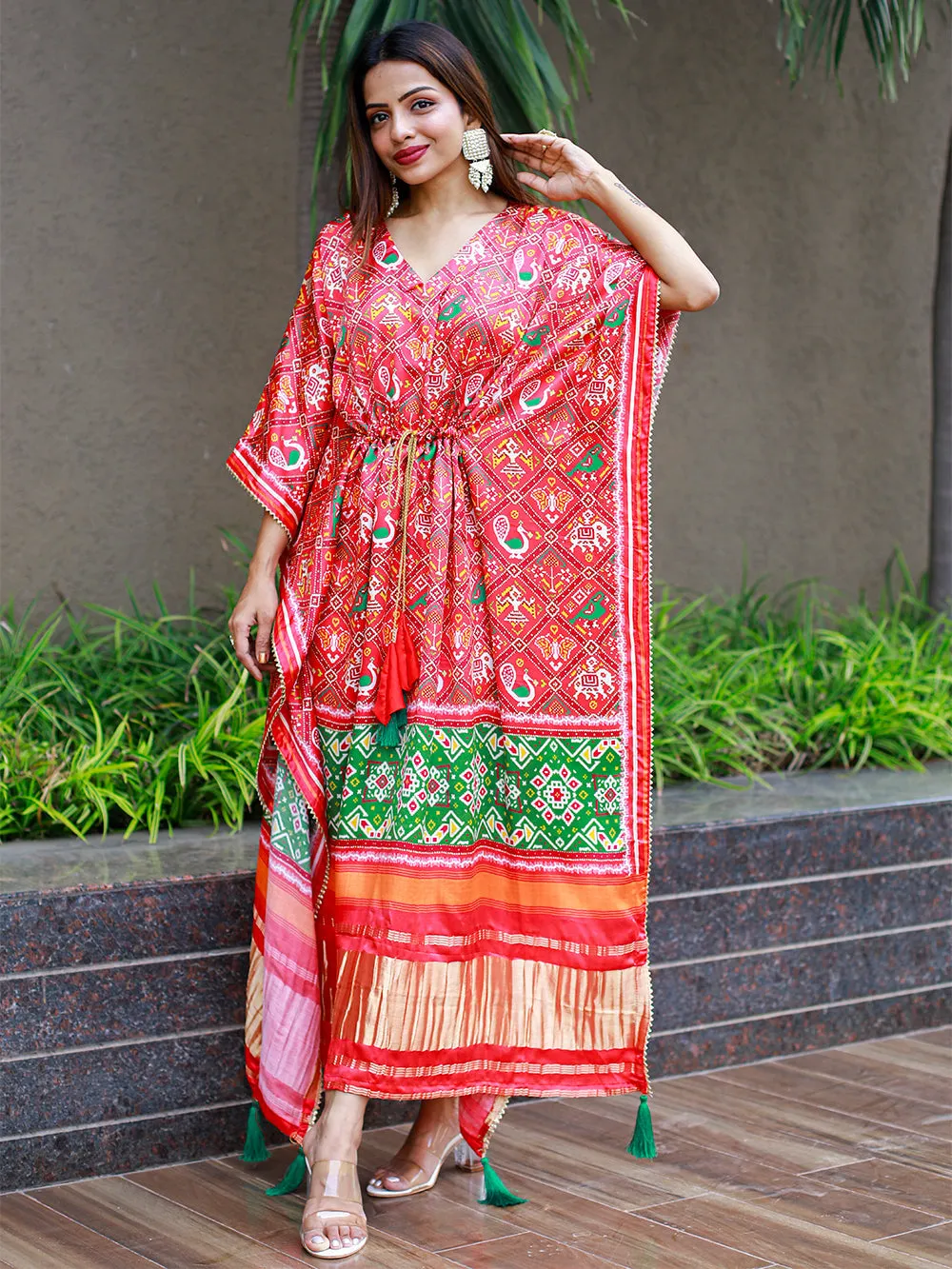 Red Color Digital Bandhej Print Pure Gaji Silk Kaftan