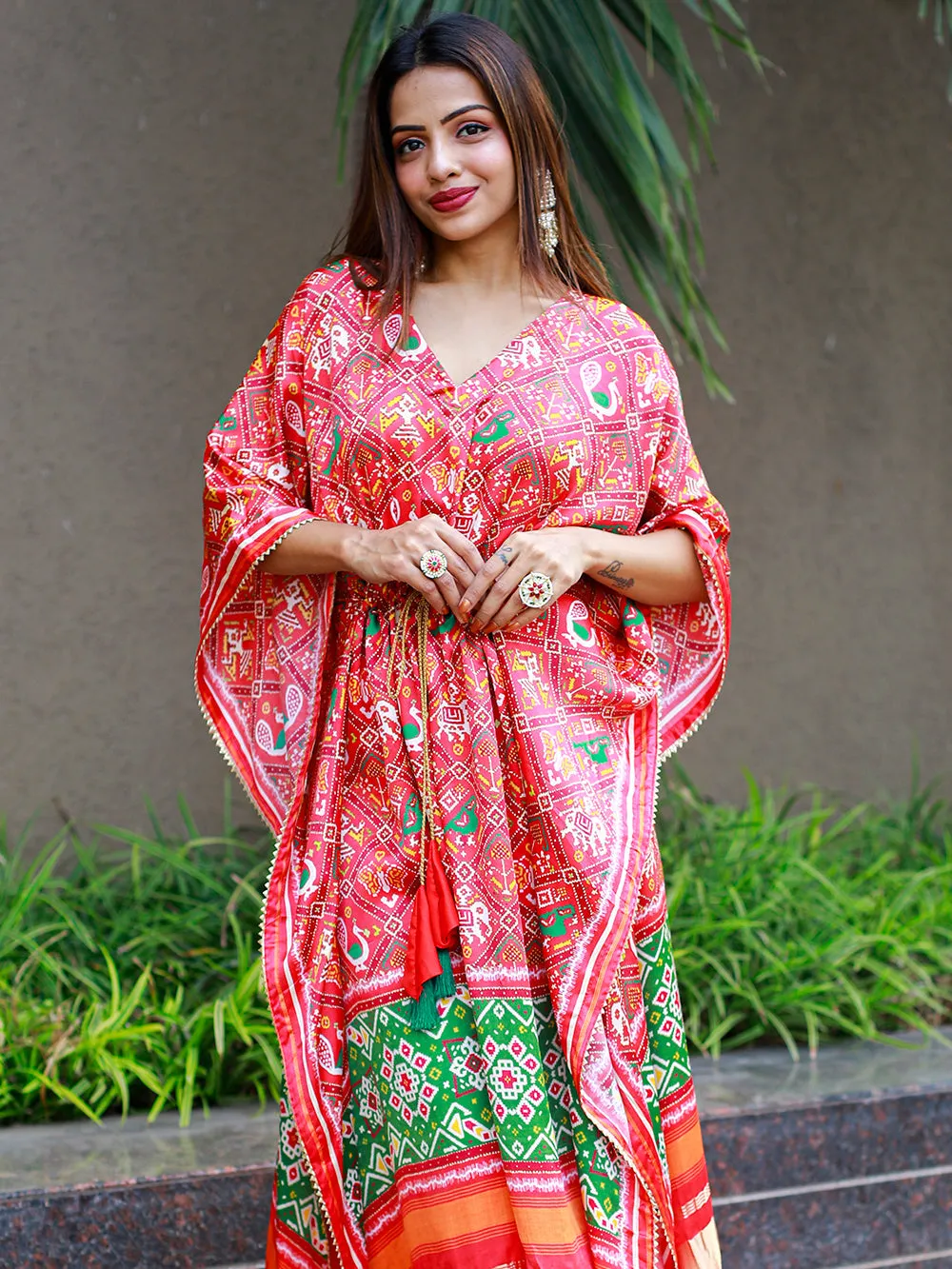 Red Color Digital Bandhej Print Pure Gaji Silk Kaftan