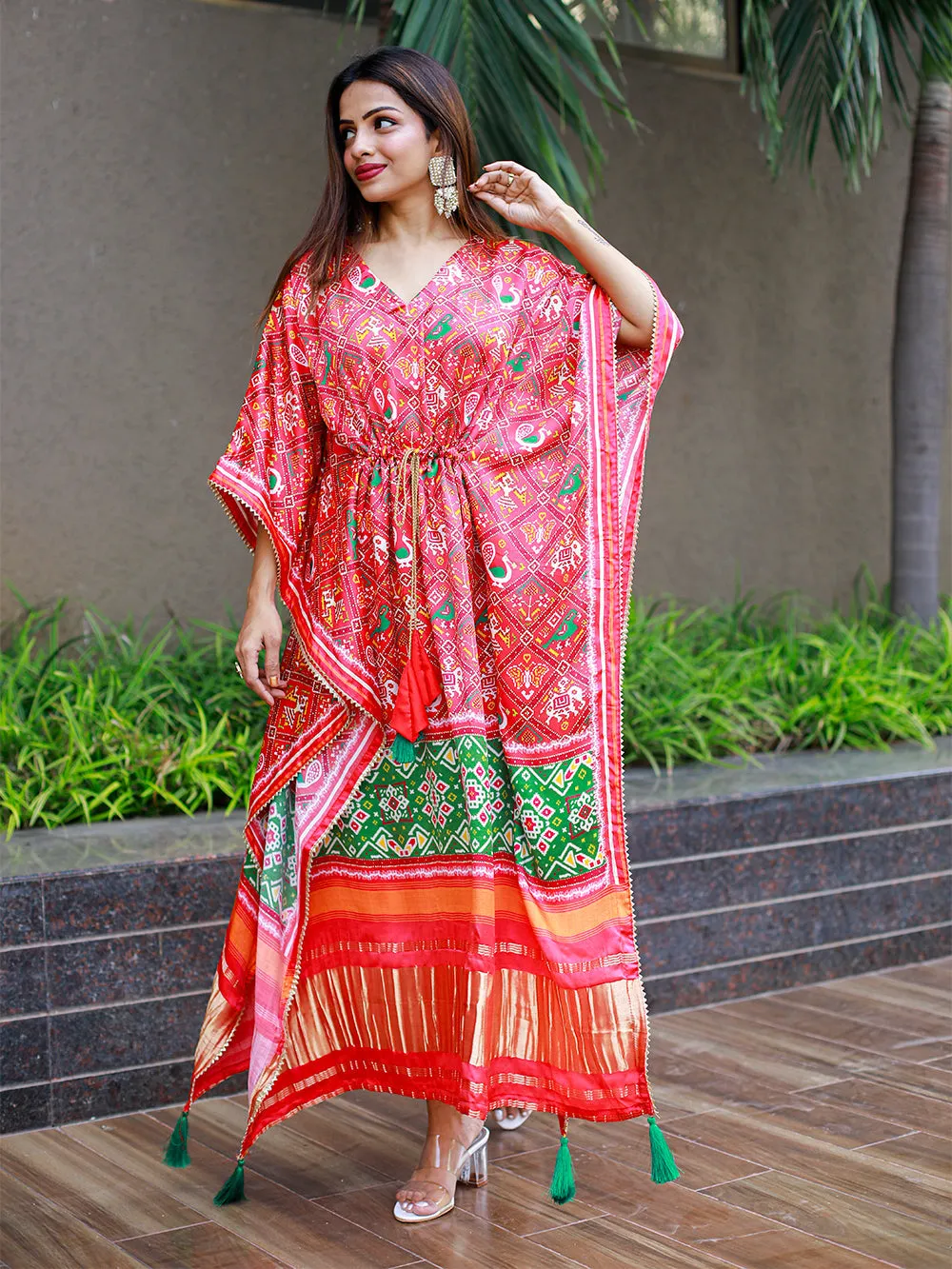 Red Color Digital Bandhej Print Pure Gaji Silk Kaftan