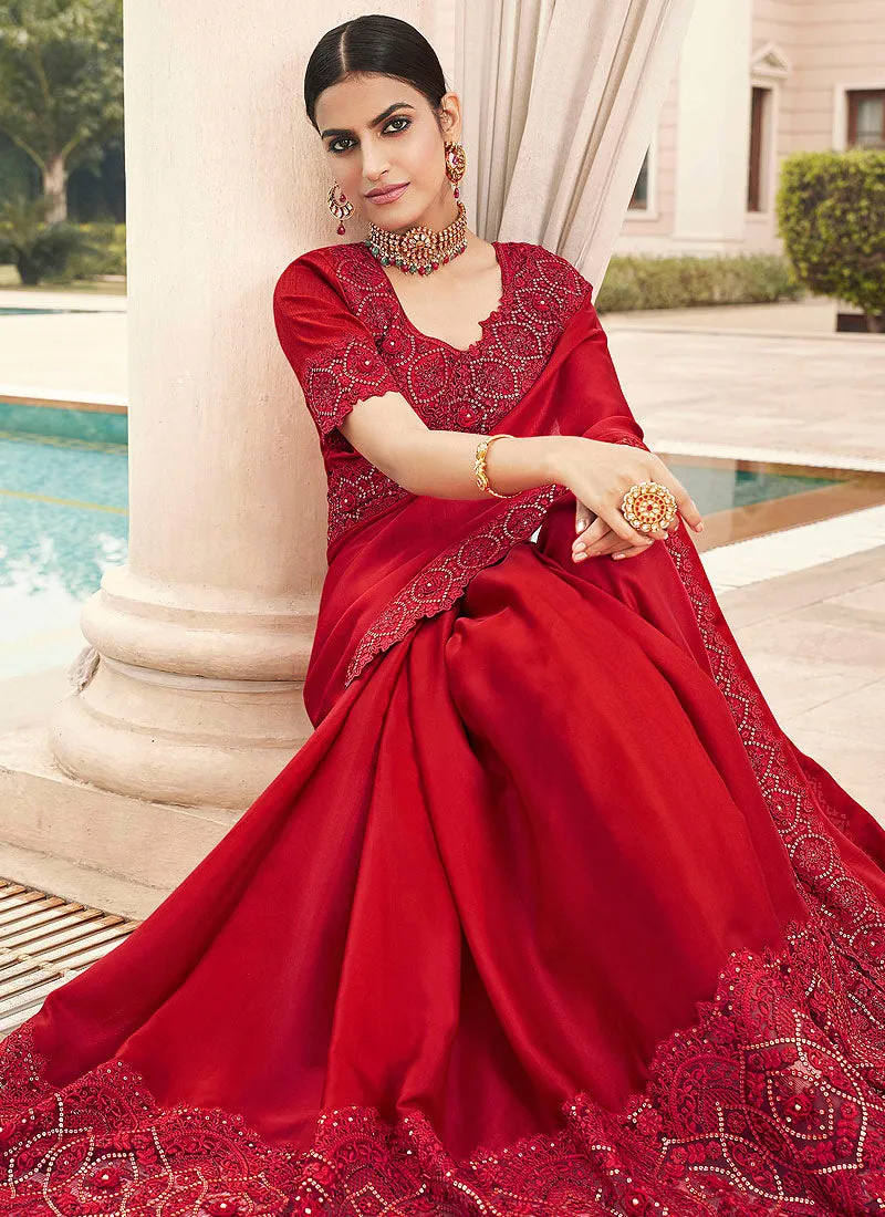 Red Embroidered Designer Silk Saree