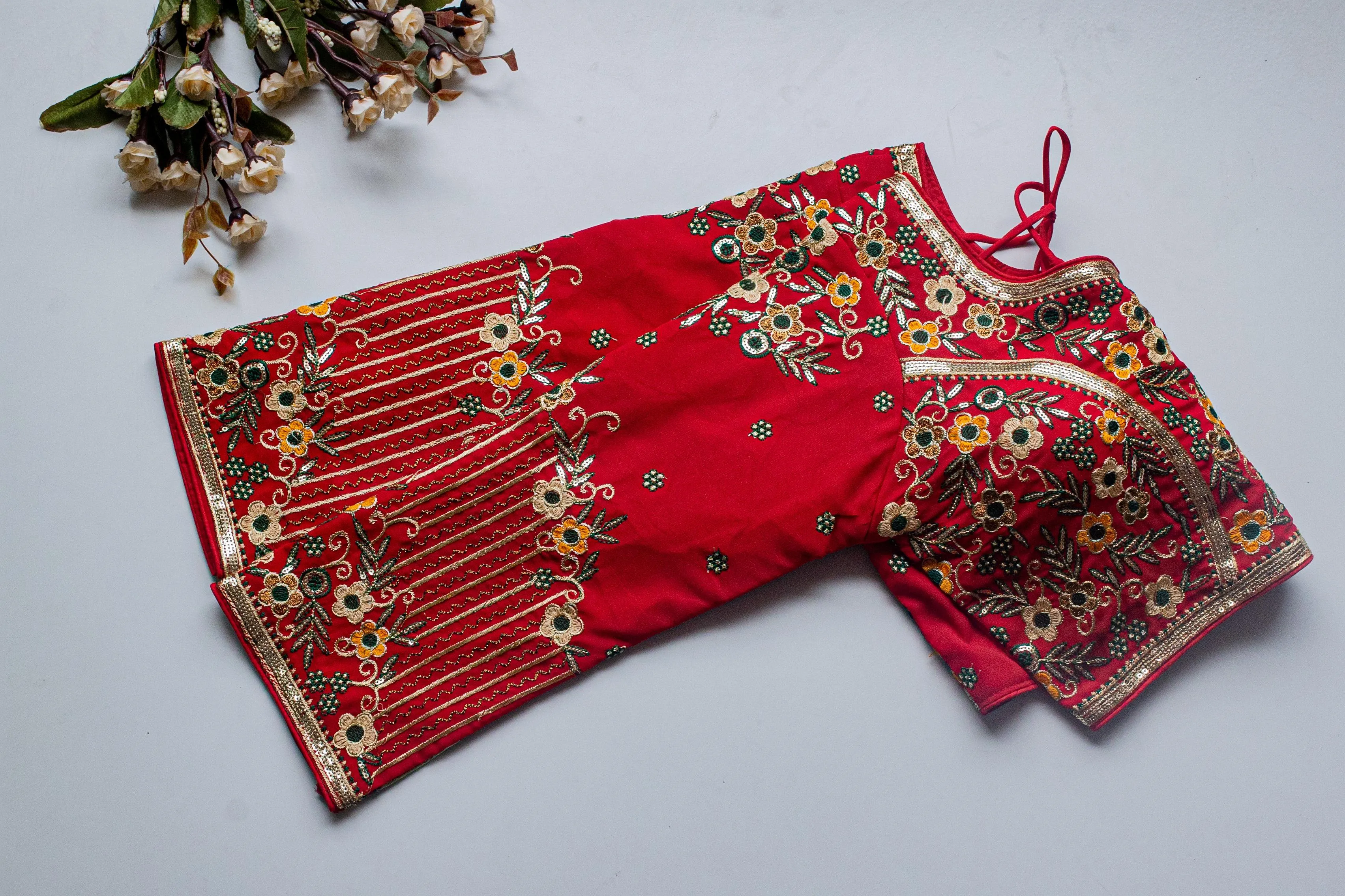 Red Handcrafted Sequined Blouse in Khushi Silk