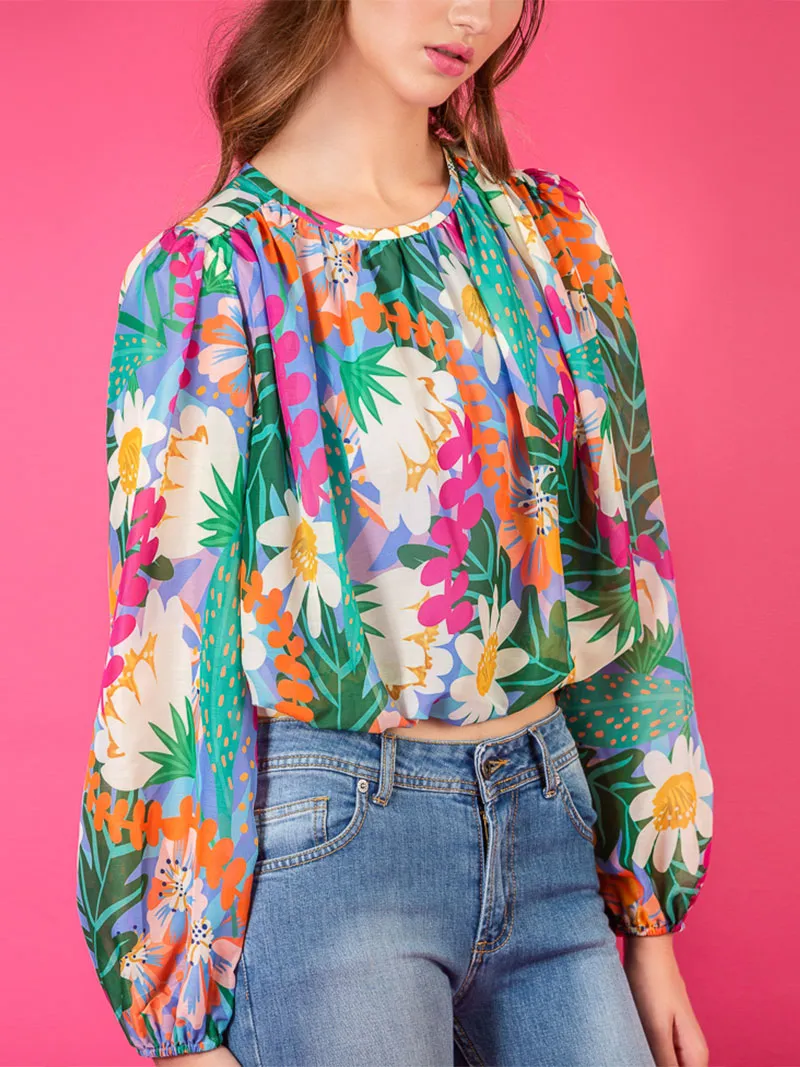 Silk Print Gathering Blouse