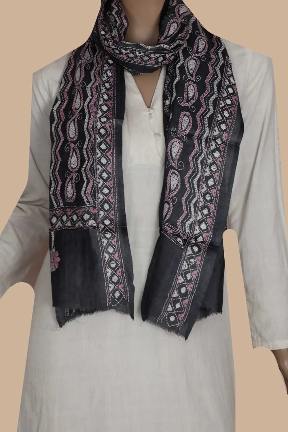 Striped Paisley Patterns Kantha Silk Stole