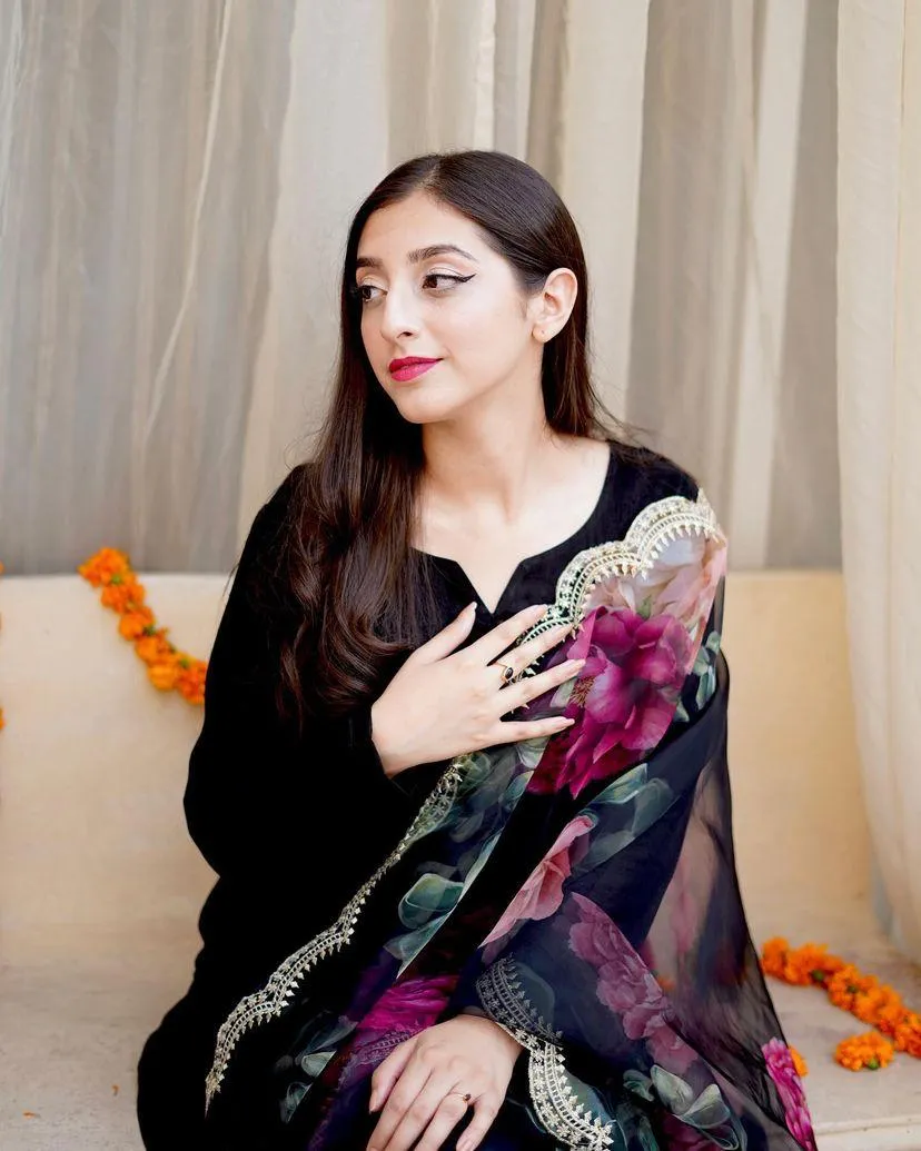 Stylish Black Color Cotton Sharara Suit with Organza Dupatta