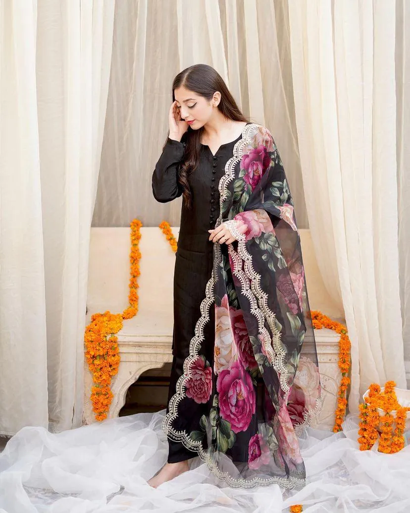 Stylish Black Color Cotton Sharara Suit with Organza Dupatta