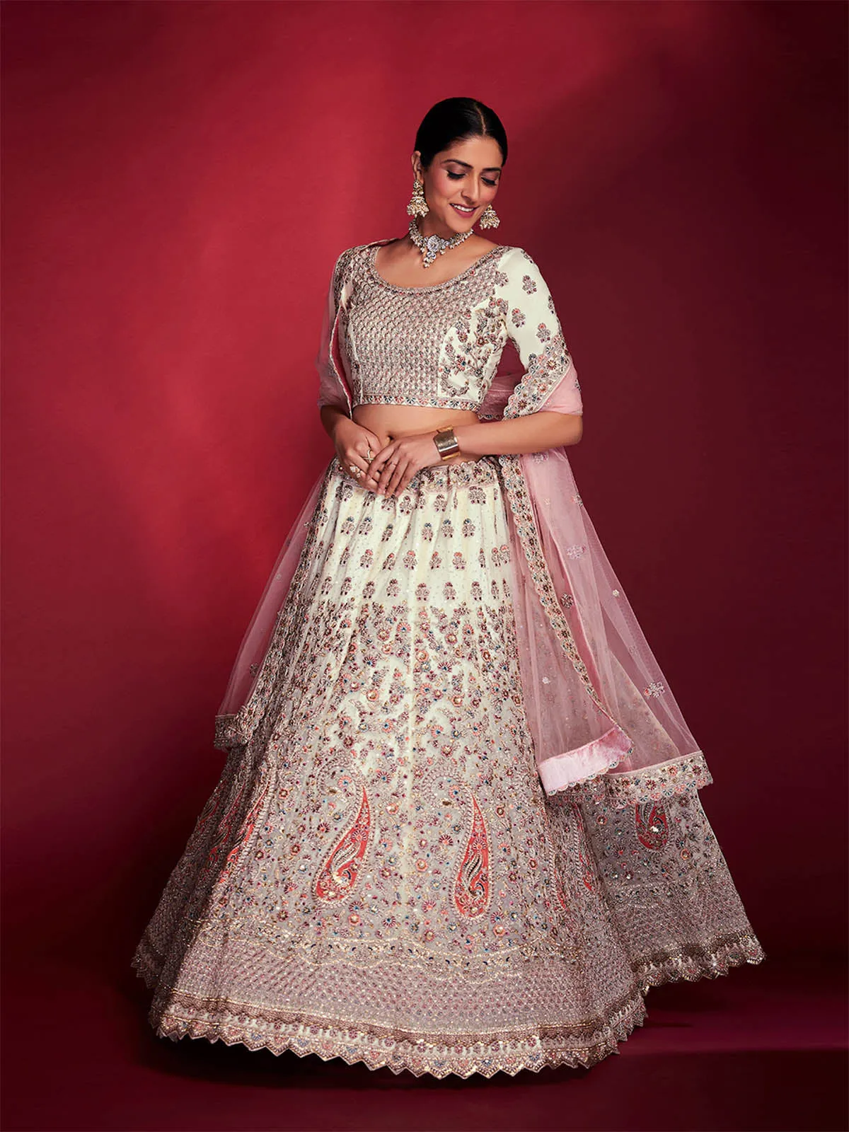 Stylish White Soft Silk Embroidered Semi Stitched Lehenga Choli