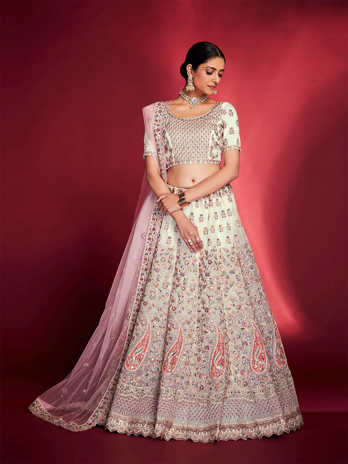Stylish White Soft Silk Embroidered Semi Stitched Lehenga Choli