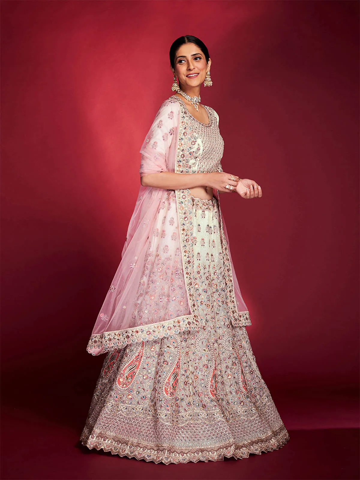 Stylish White Soft Silk Embroidered Semi Stitched Lehenga Choli