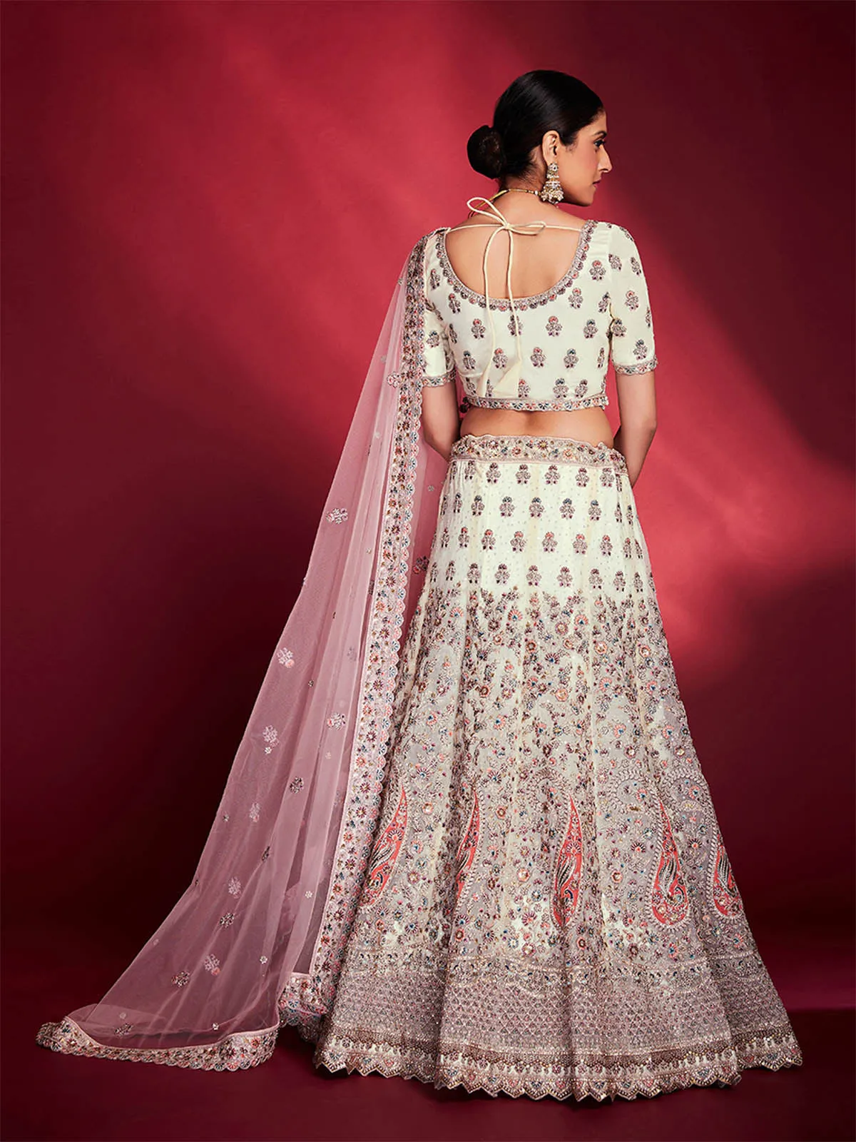 Stylish White Soft Silk Embroidered Semi Stitched Lehenga Choli
