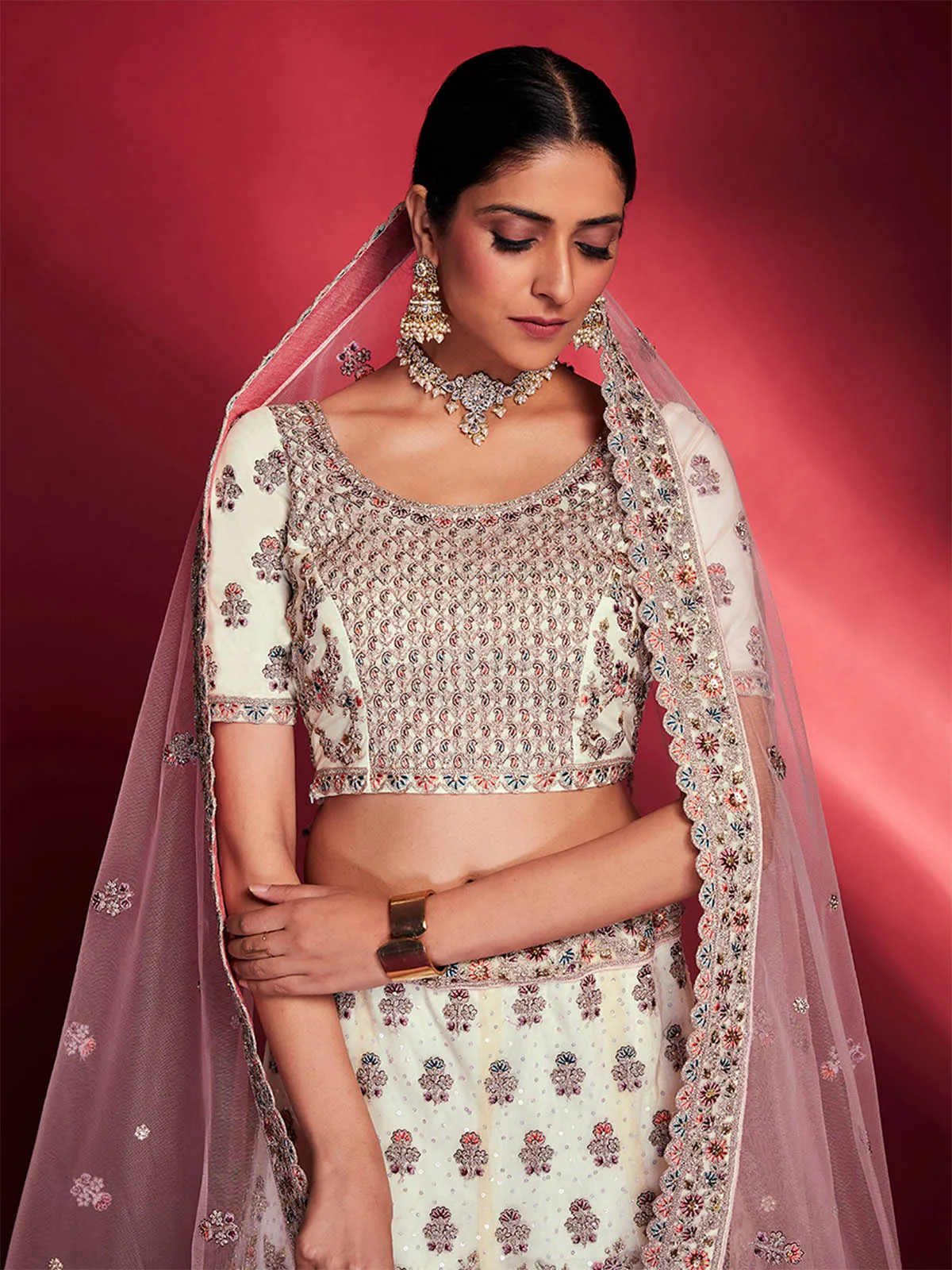 Stylish White Soft Silk Embroidered Semi Stitched Lehenga Choli