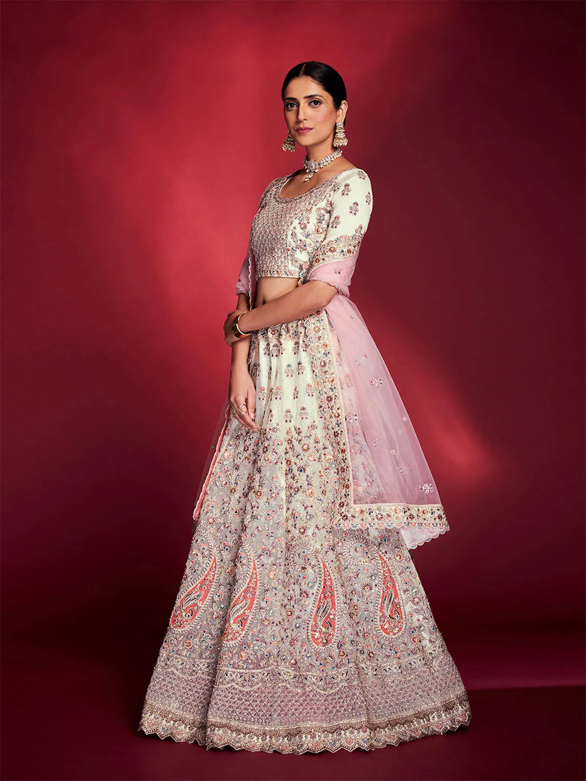 Stylish White Soft Silk Embroidered Semi Stitched Lehenga Choli