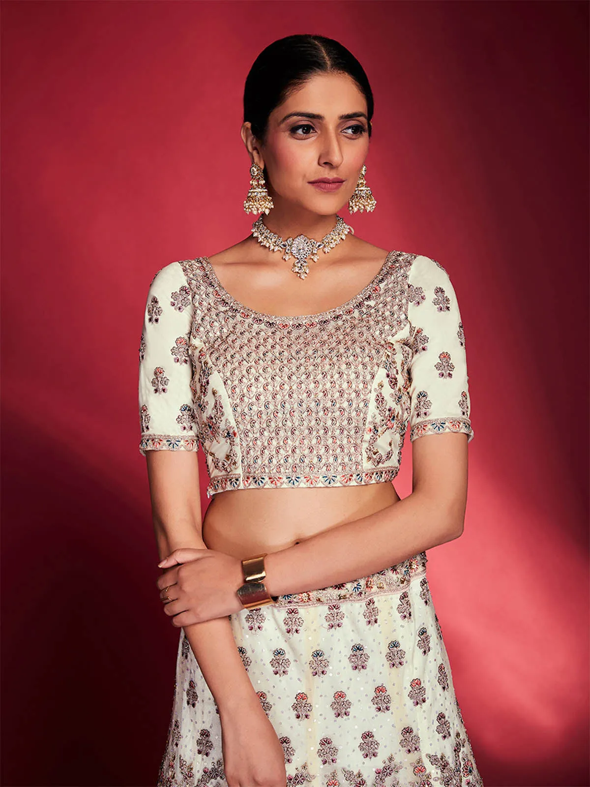 Stylish White Soft Silk Embroidered Semi Stitched Lehenga Choli