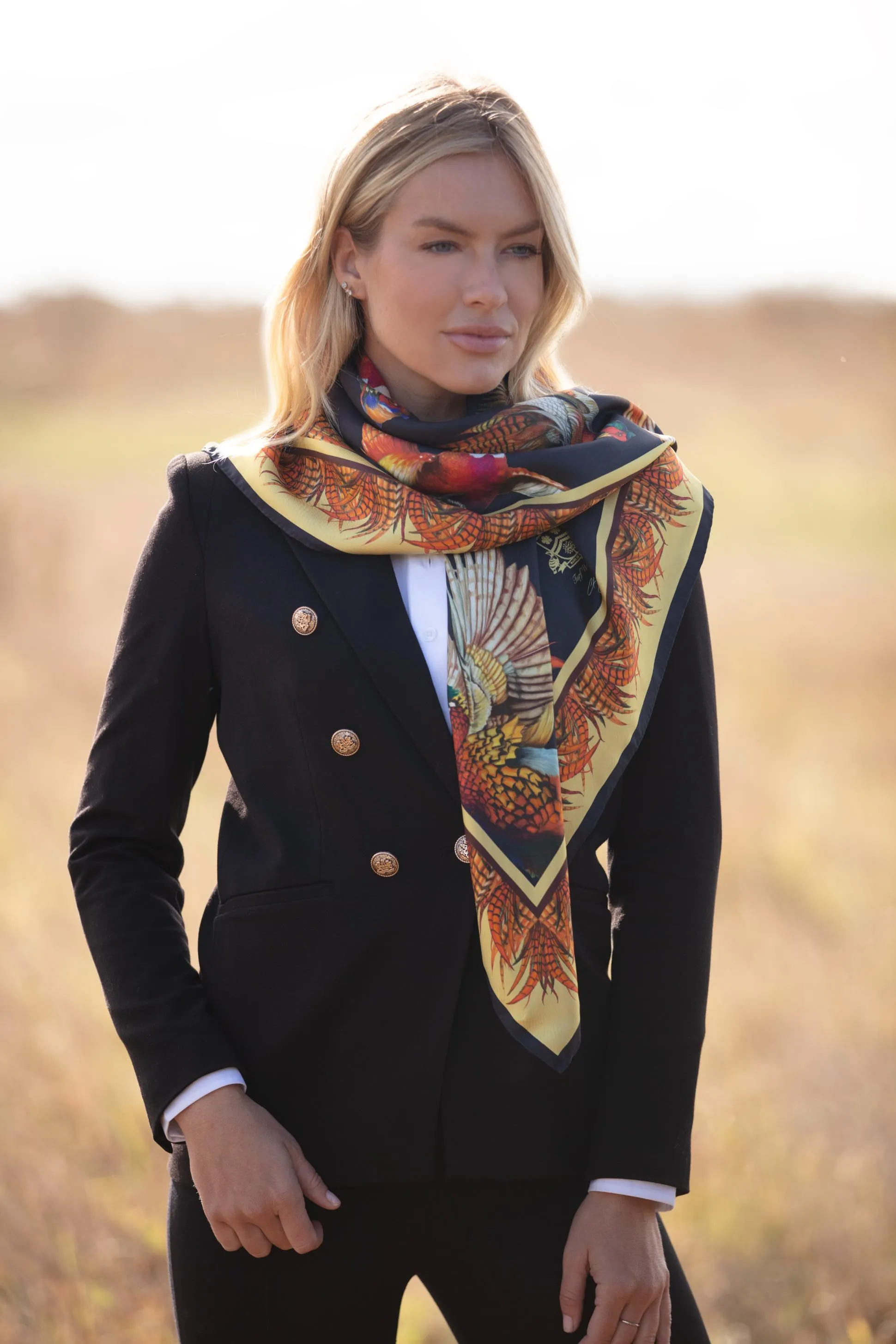 Turf War Black and Gold Pheasant Large Square Silk Scarf