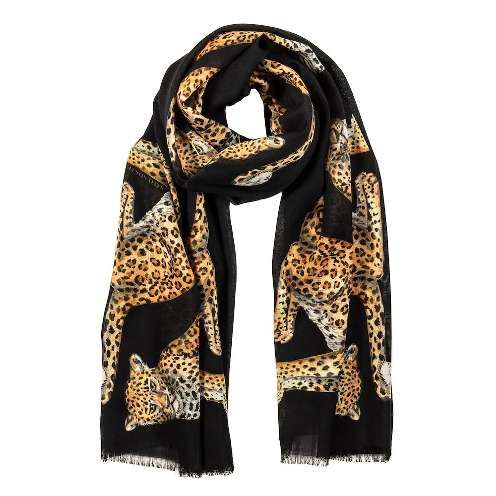 Twin Leopard Black Wool Silk Scarf