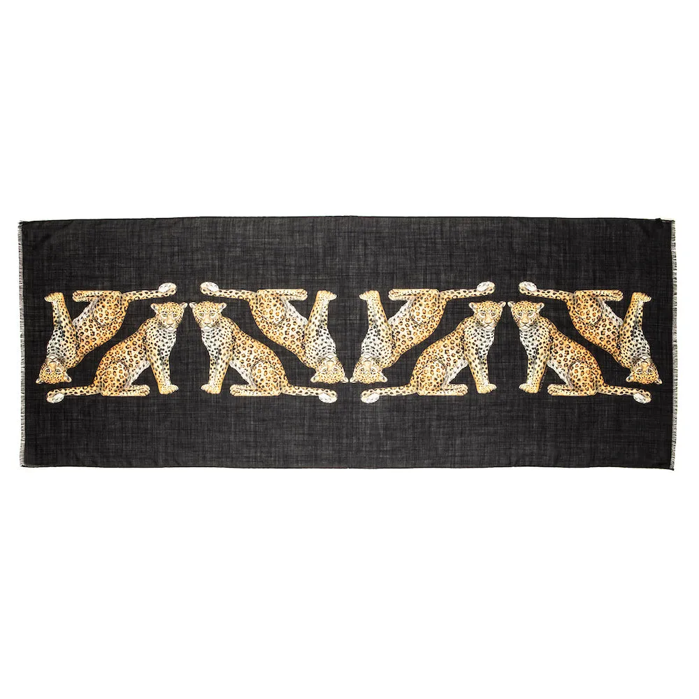 Twin Leopard Black Wool Silk Scarf