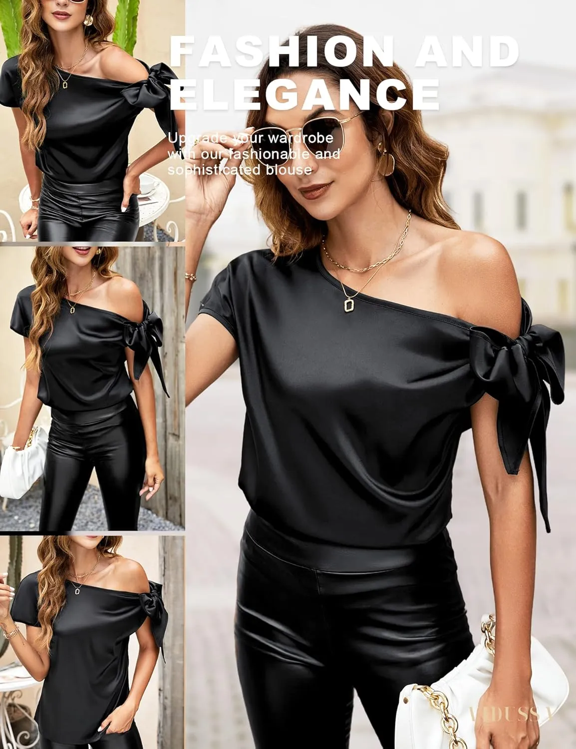 VIDUSSA Women's Off Shoulder Silk Tops Casual Short Sleeve Asymmetrical Neck Satin Blouse Shirts