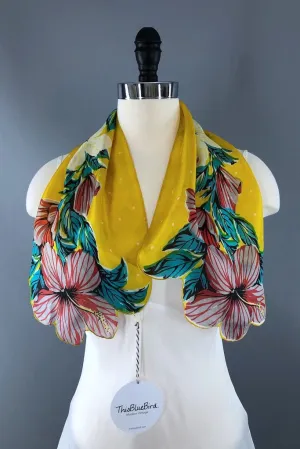 Vintage Silk Hibiscus Floral Print Scarf