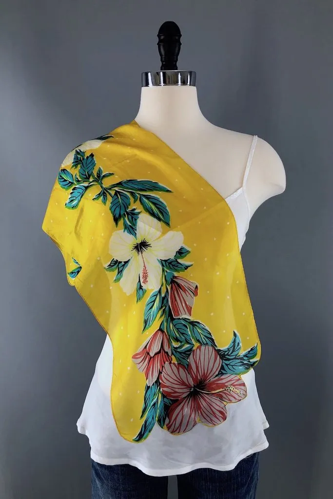 Vintage Silk Hibiscus Floral Print Scarf